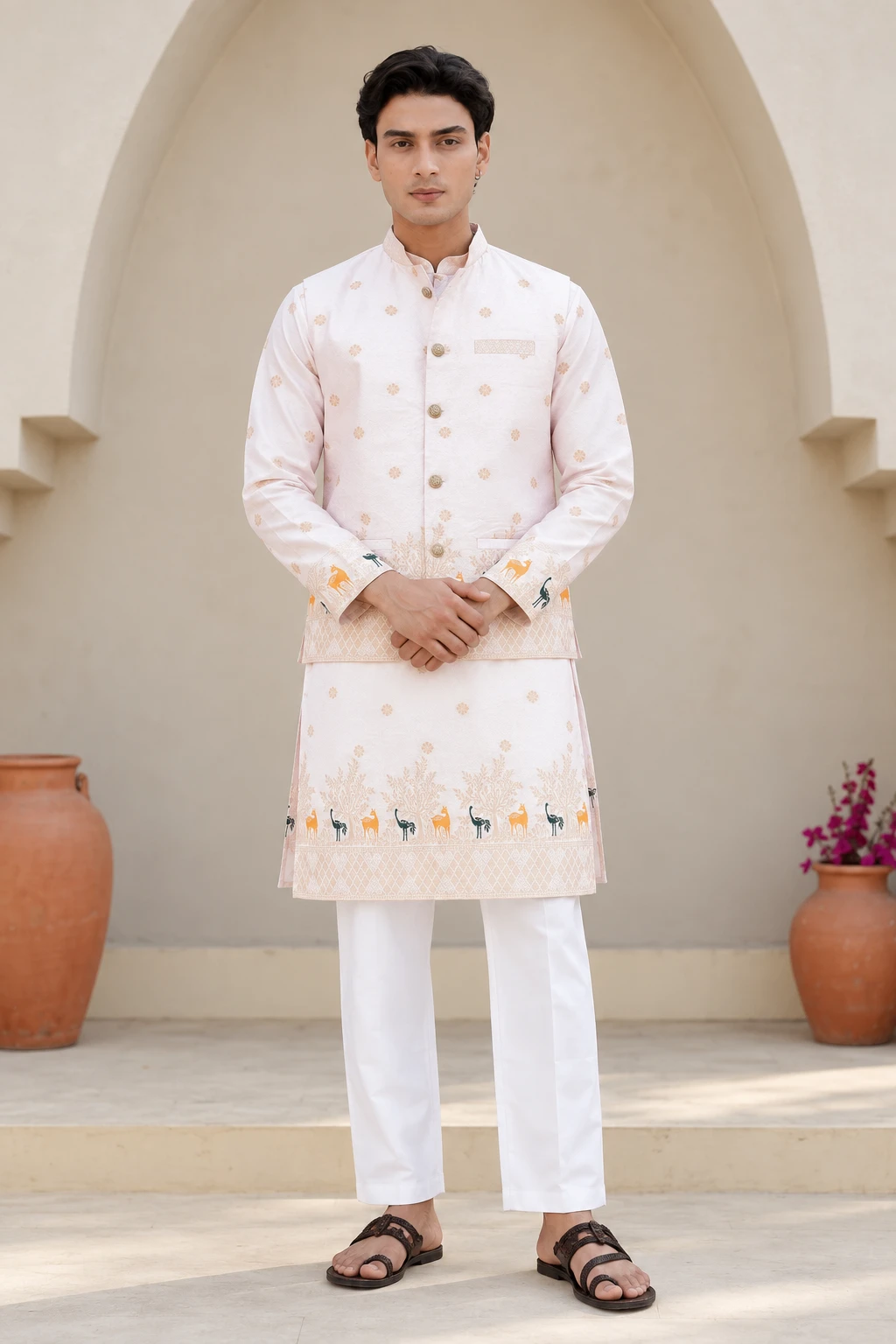 Peach Bunaavat Pashu Baagh Jacquard Koti Kurta Set - view 1