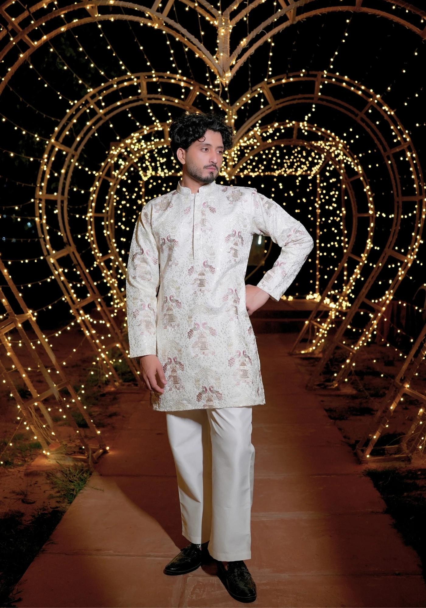 Cream Rangrez Gulbaft Kurta - view 5