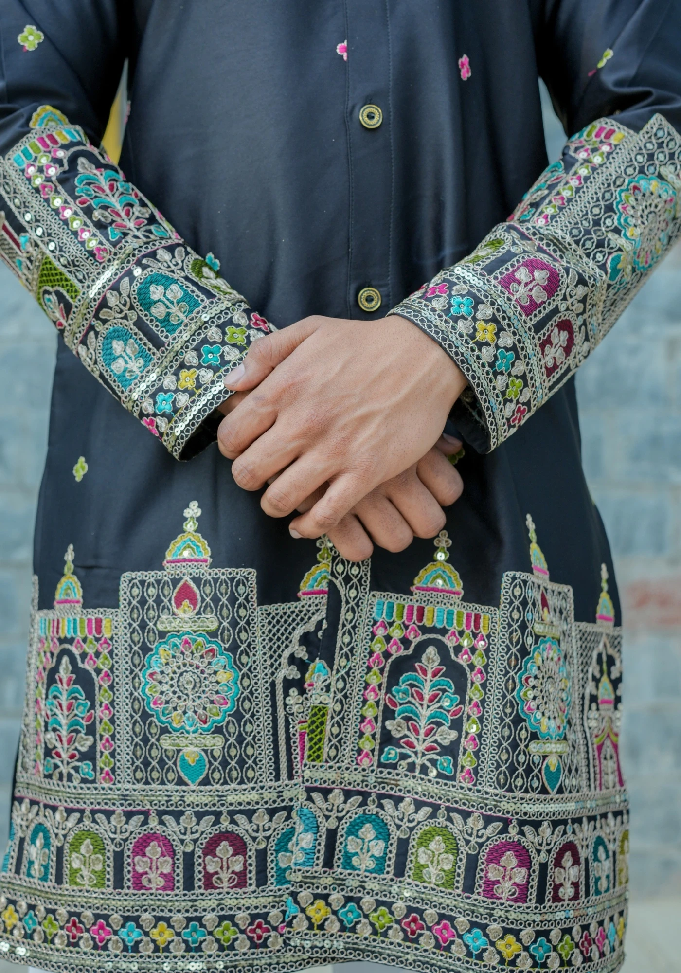 Classic Black Sheher Naqsh Front Open Embroidered Kurta - view 2