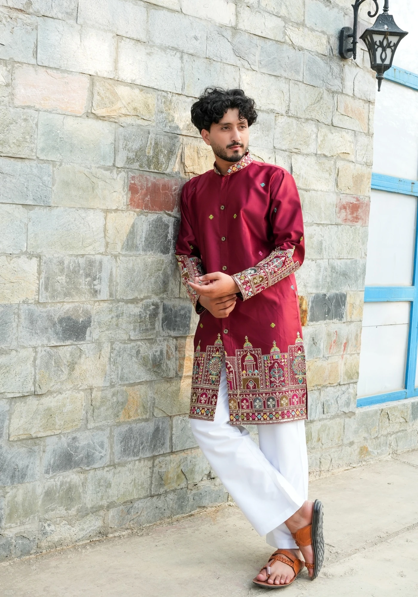 Classic Maroon Sheher Naqsh Front Open Embroidered Kurta - view 5
