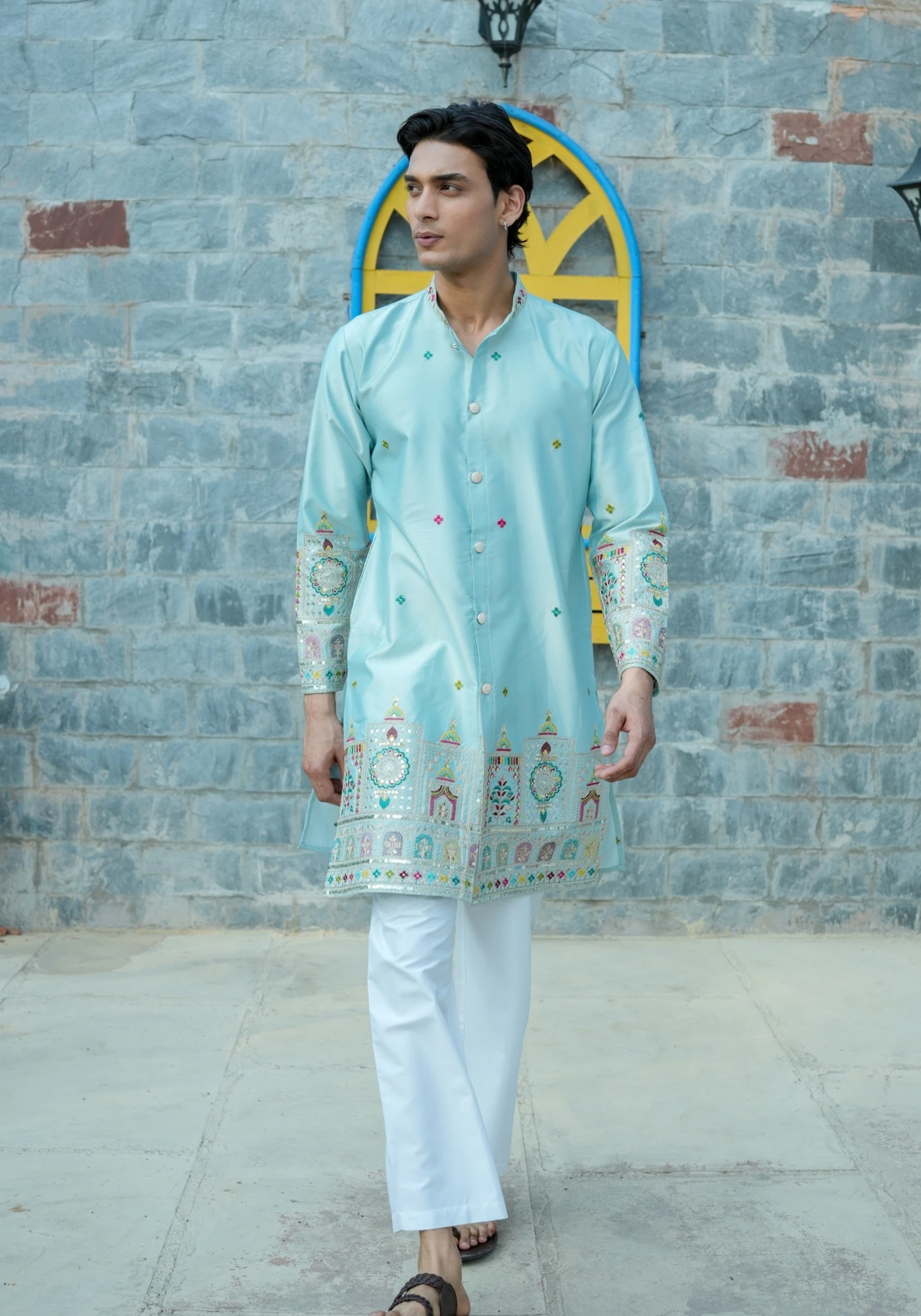 Sky Blue Sheher Naqsh Front Open Embroidered Kurta - view 5