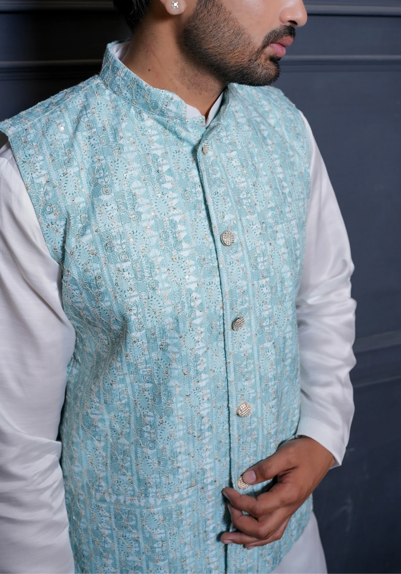Seagreen Riwaayat Sequin Embroidered Koti with Kurta - view 2