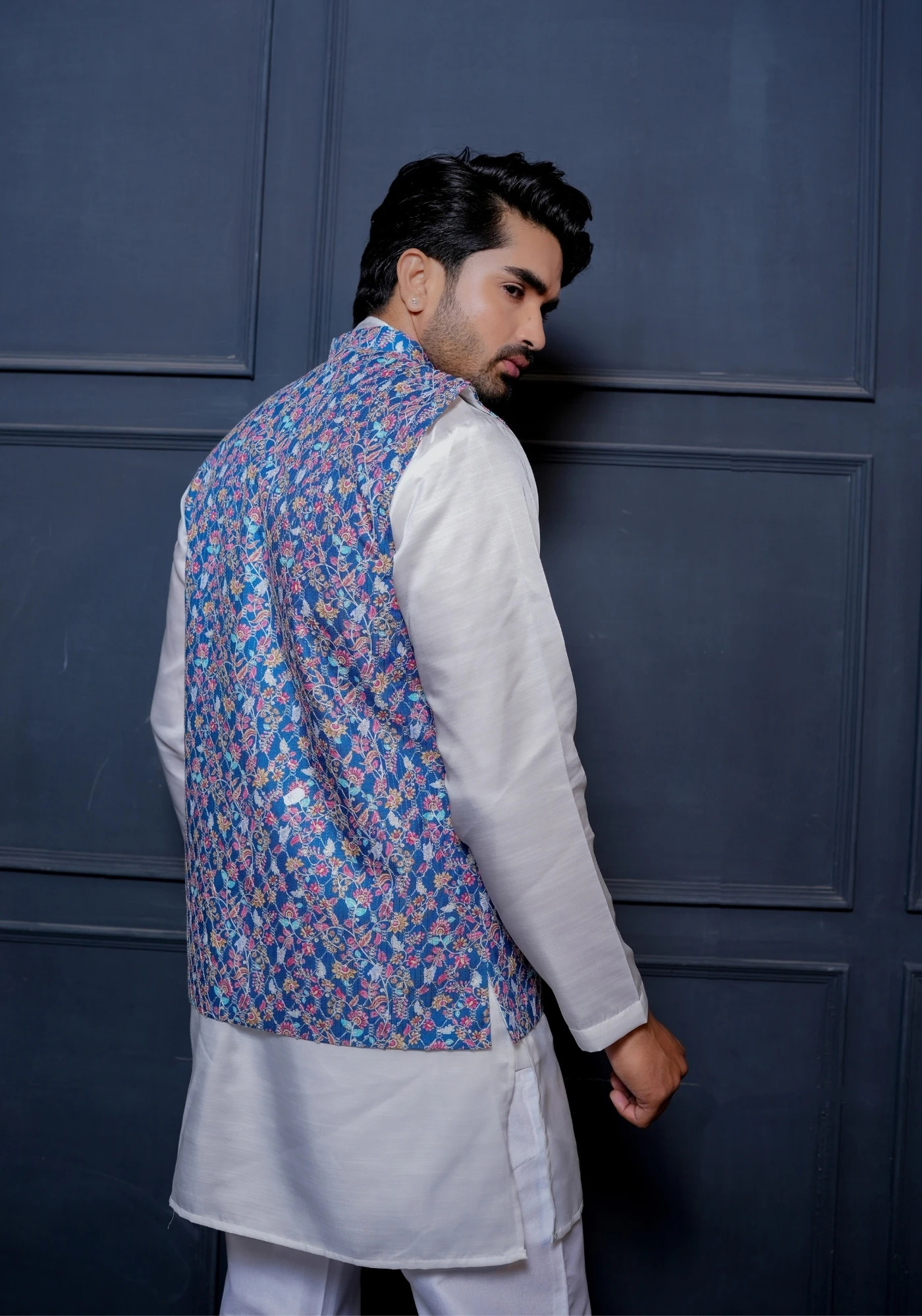 Royal Blue Riwaayat Sequin Embroidered Koti with Kurta - view 3