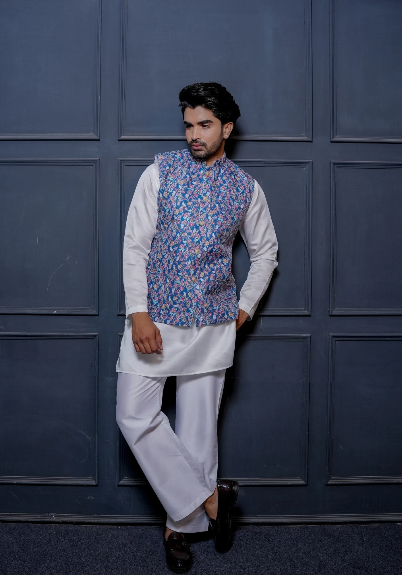 Royal Blue Riwaayat Sequin Embroidered Koti with Kurta - view 5