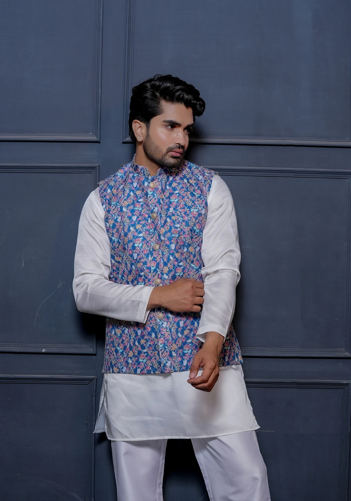 Royal Blue Riwaayat Sequin Embroidered Koti with Kurta - view 4
