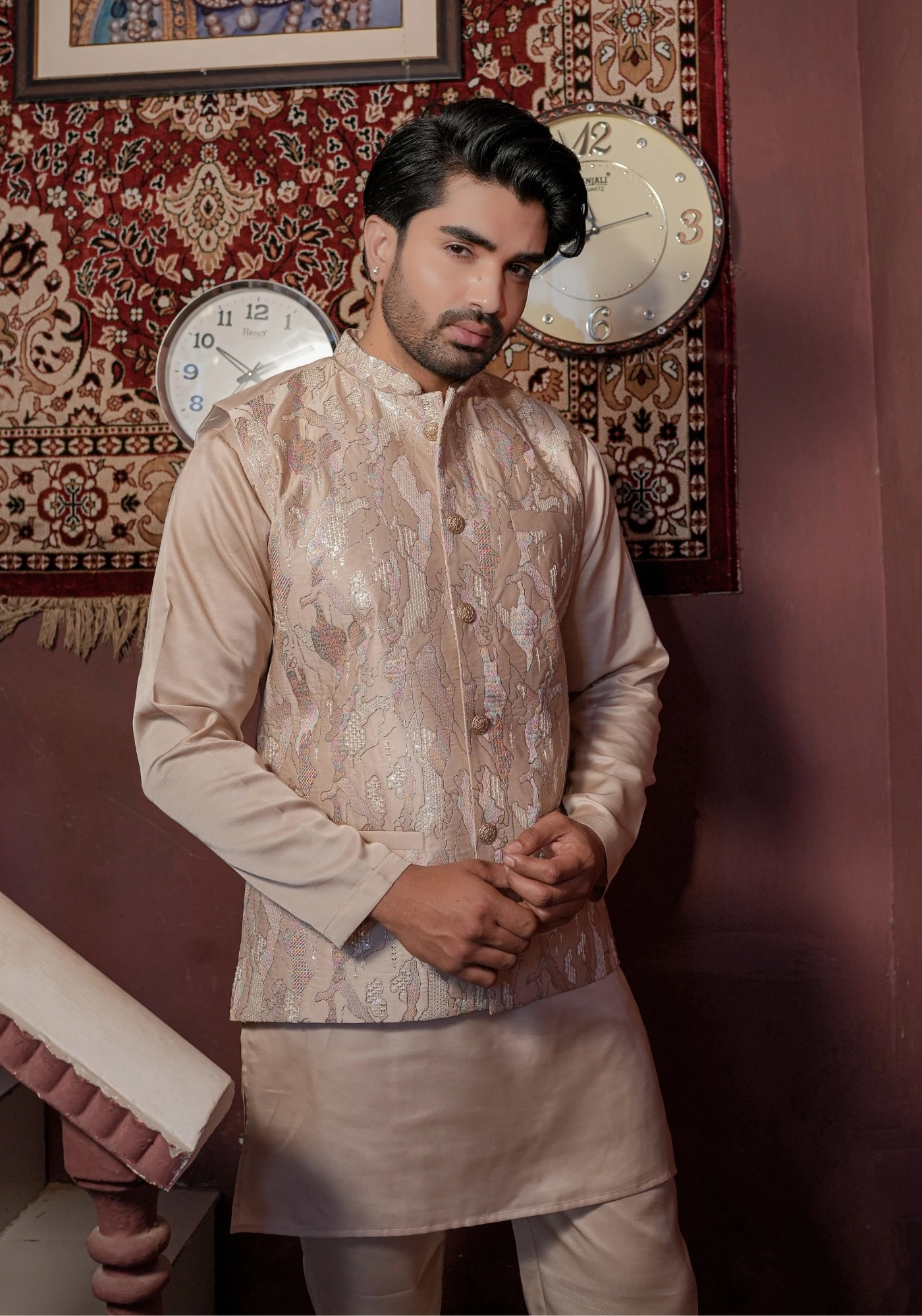 Coffee Riwaayat Marbelle Textured Embroidered Koti Kurta Pant Set - view 4