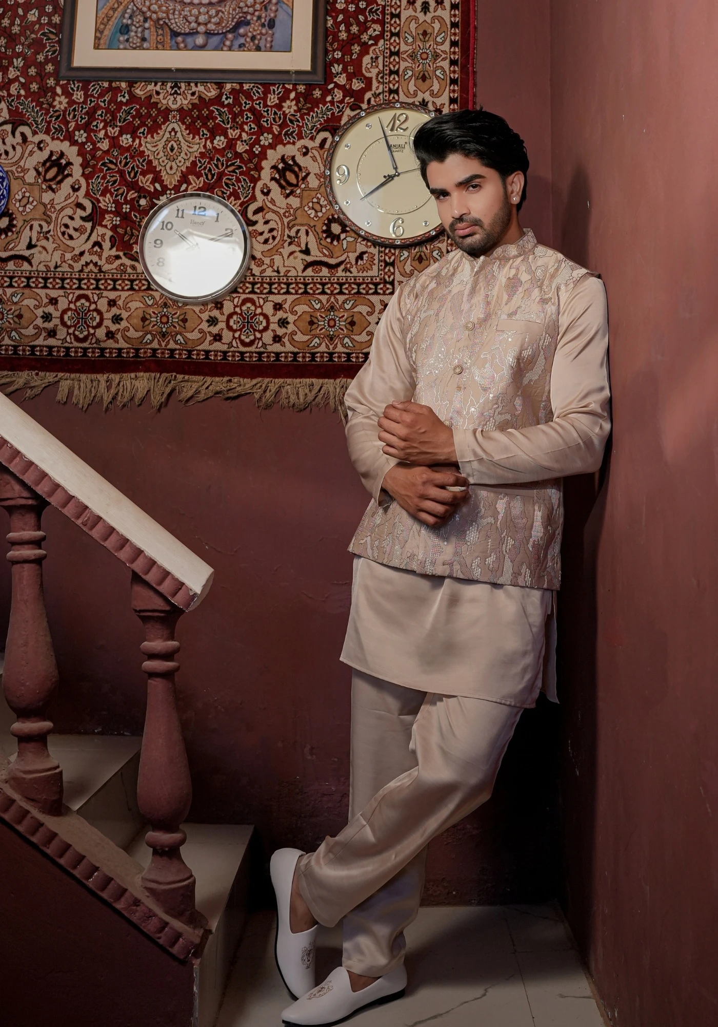 Coffee Riwaayat Marbelle Textured Embroidered Koti Kurta Pant Set - view 5