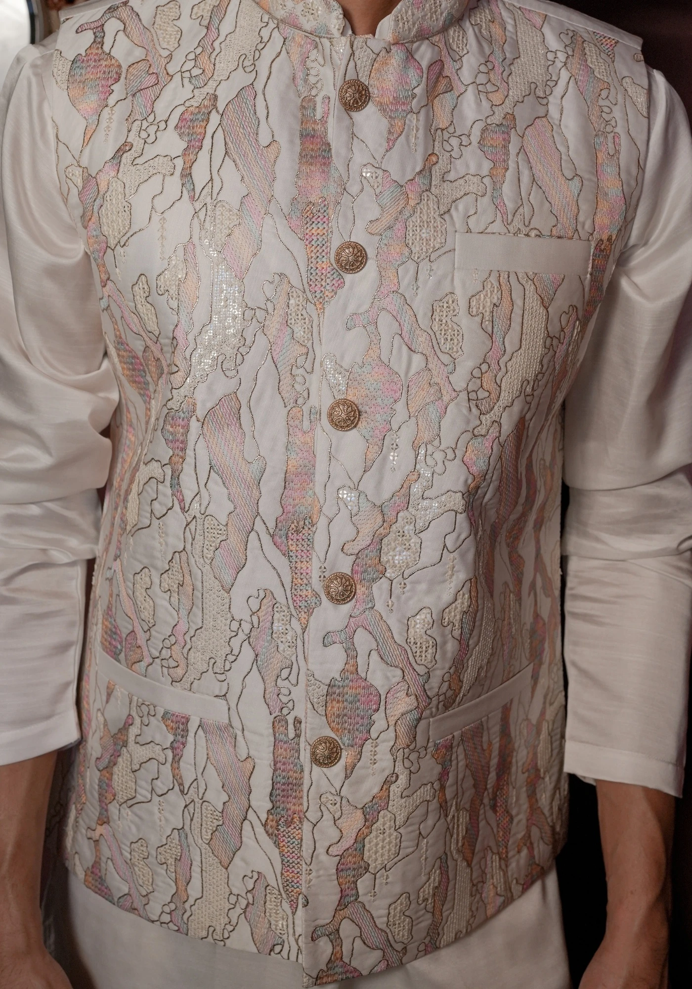Ivory Riwaayat Marbelle Textured Embroidered Koti Kurta Pant Set - view 2