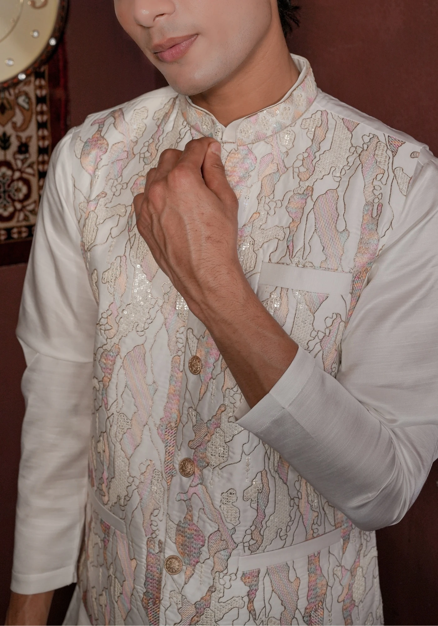 Ivory Riwaayat Marbelle Textured Embroidered Koti Kurta Pant Set - view 6
