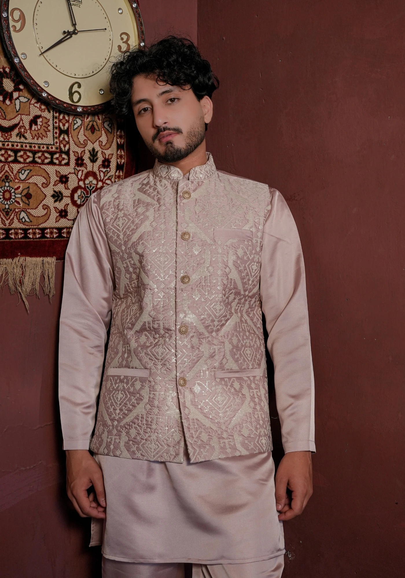 Lavender Riwaayat Marbelle Textured Embroidered Koti Kurta Pant Set - view 4