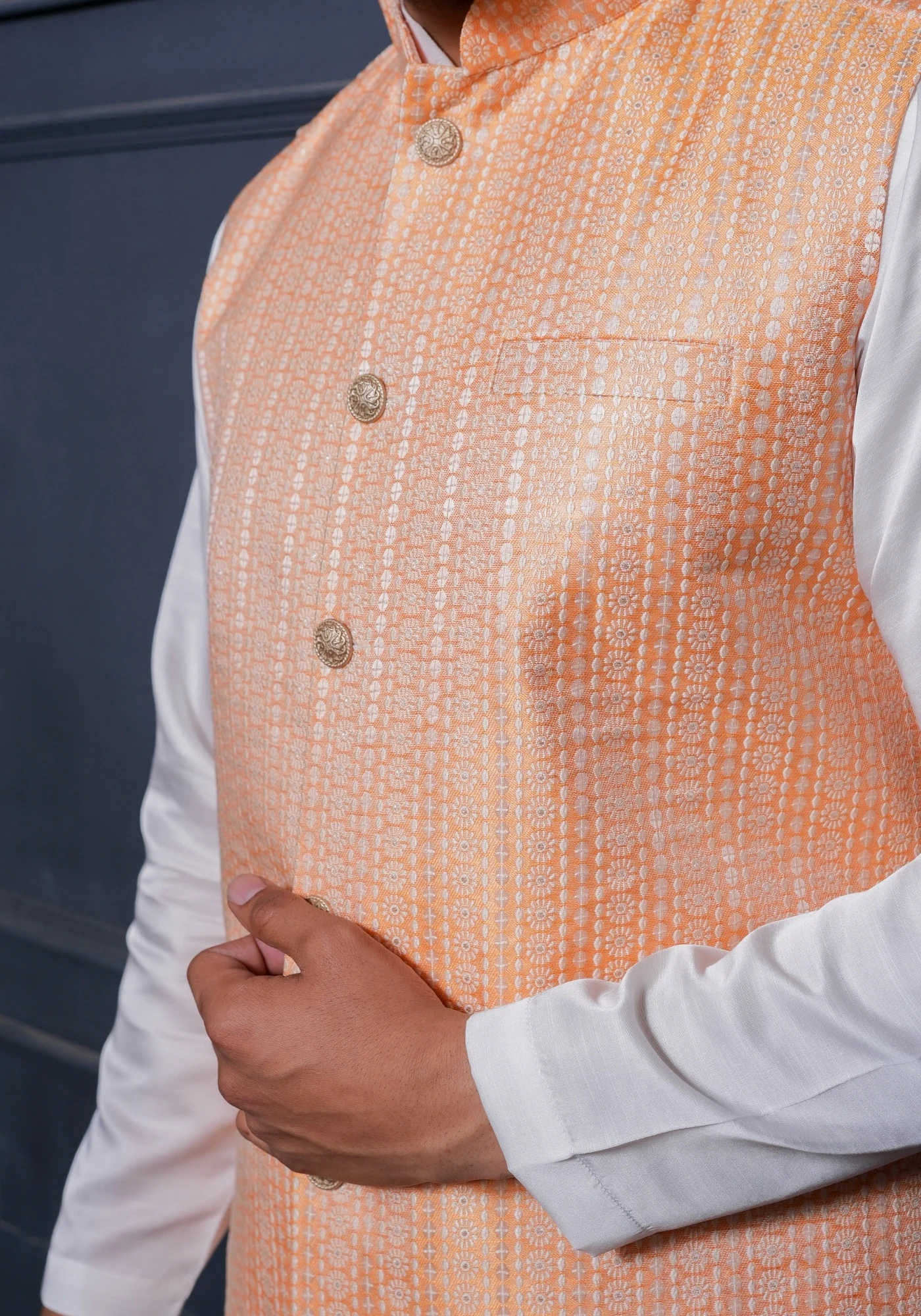 Peach Riwaayat Rekha Woven Koti with Kurta - view 2