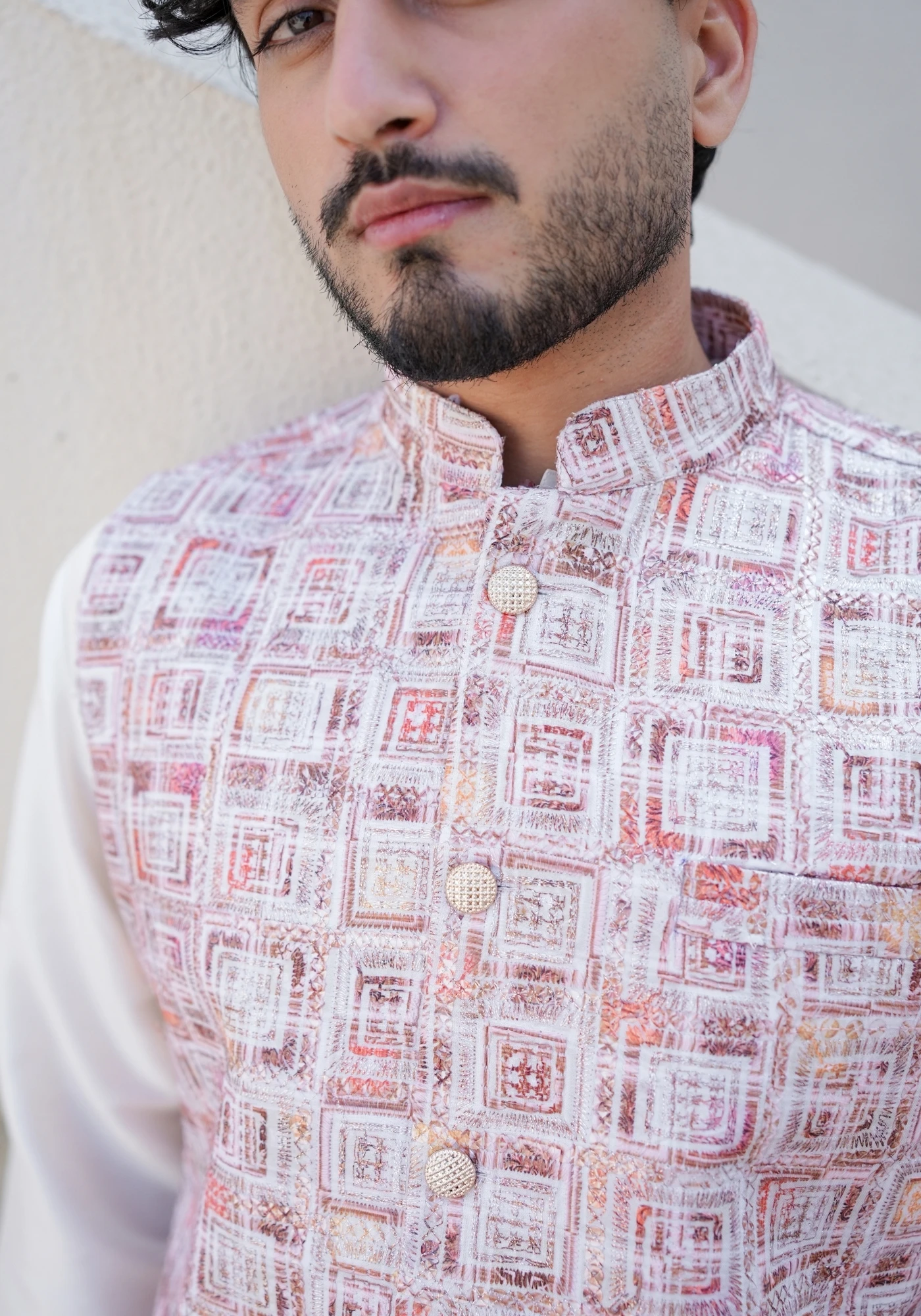 Blush Riwaayat Gulchowk Woven Koti Kurta Pant Set - view 2
