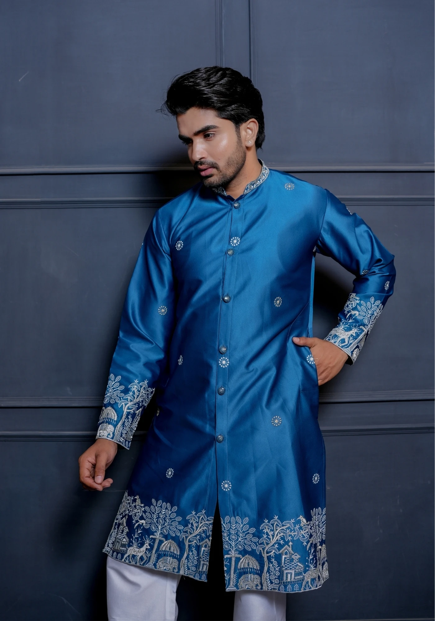Royal Blue Sheher Baagh Front Open Embroidered Kurta - view 1