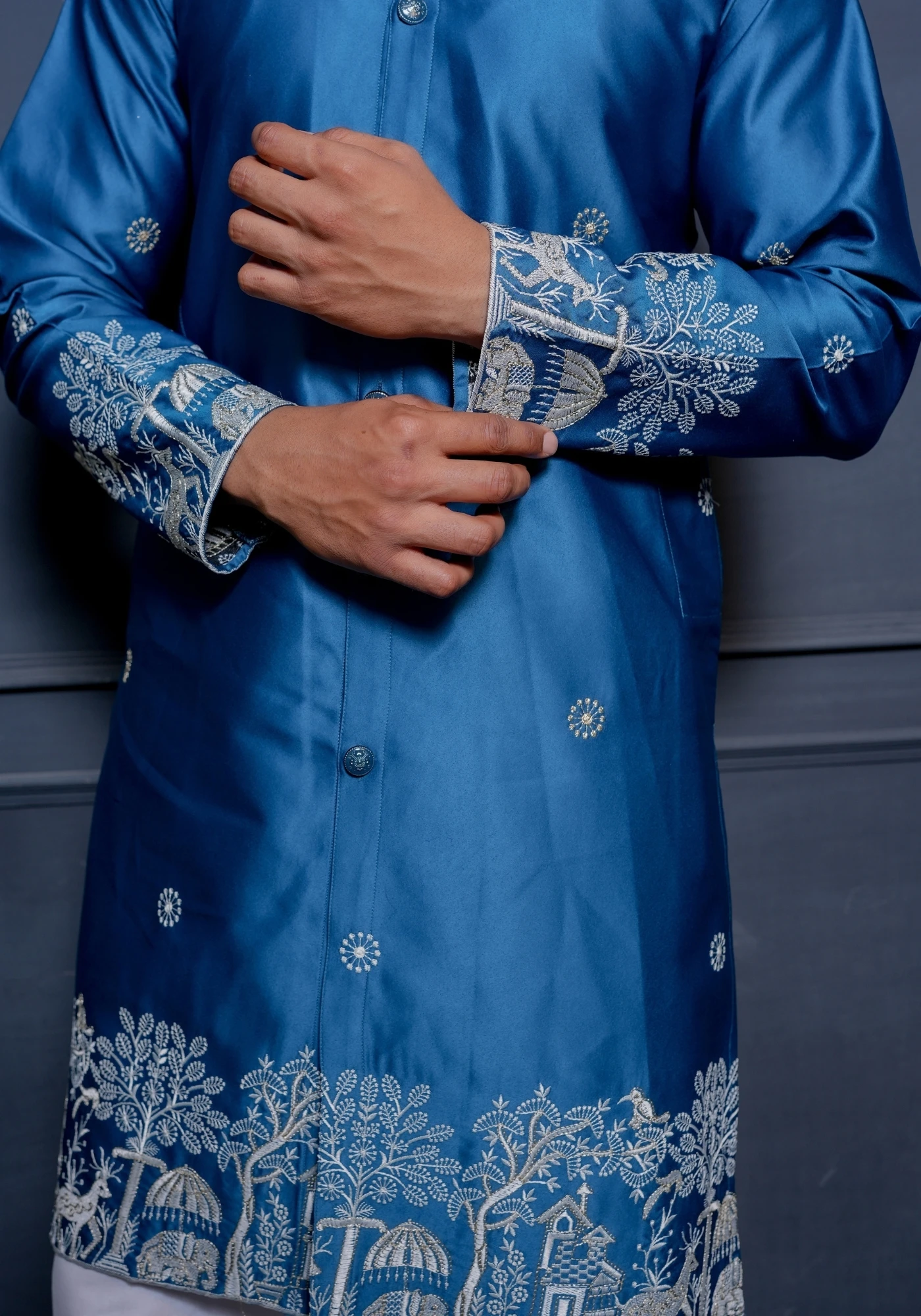 Royal Blue Sheher Baagh Front Open Embroidered Kurta - view 2