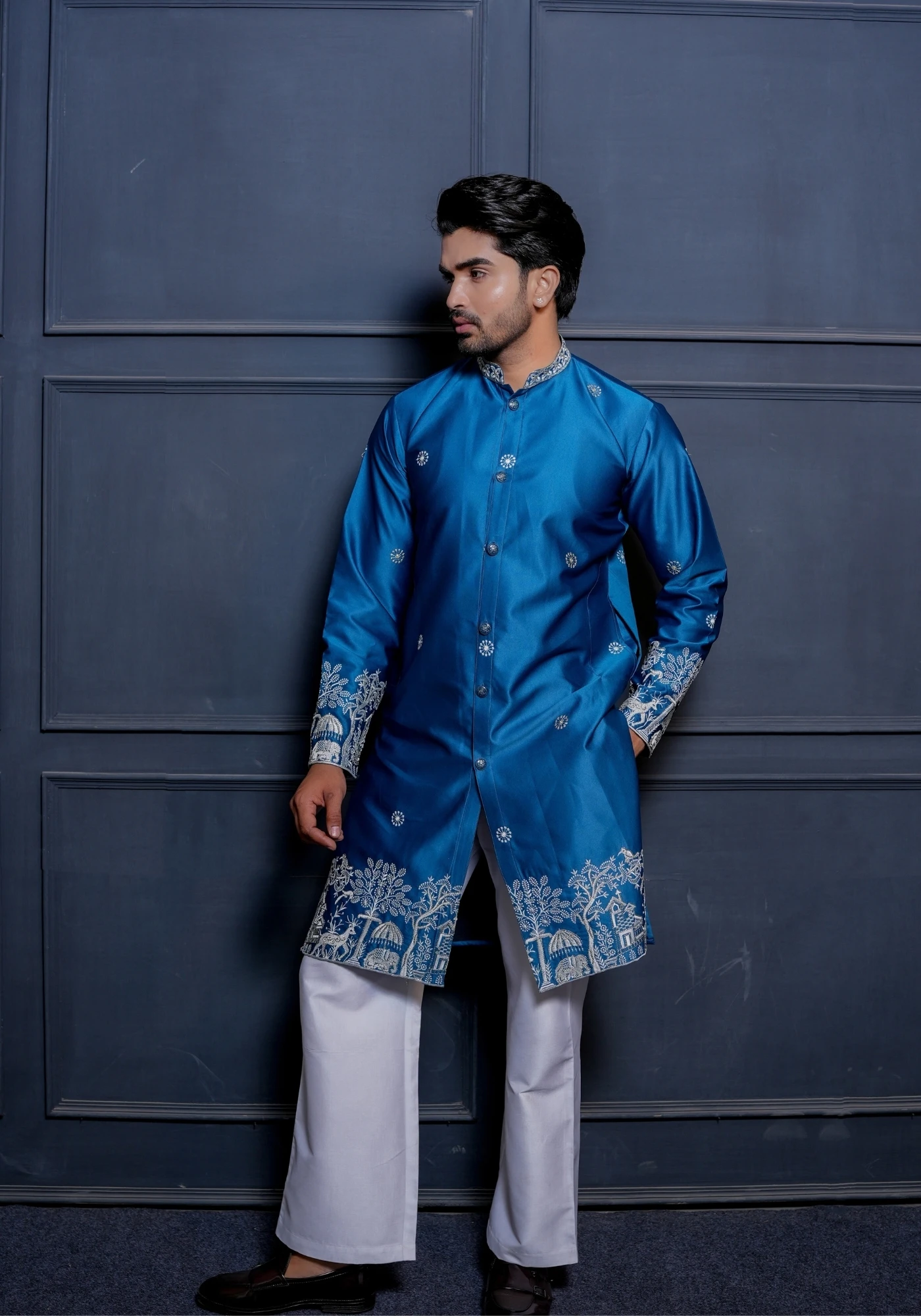Royal Blue Sheher Baagh Front Open Embroidered Kurta - view 5
