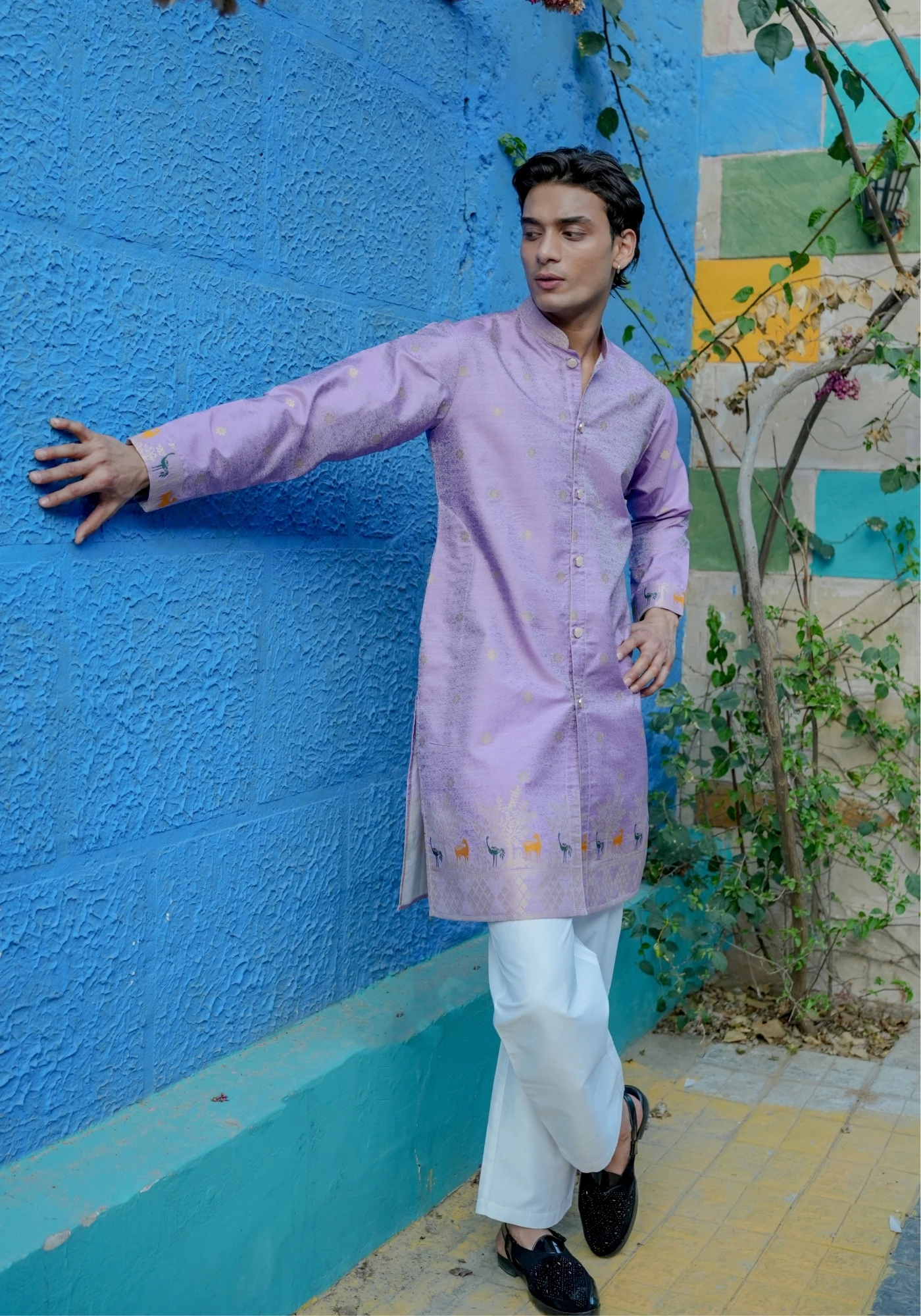 Lavender Bunaavat Pashu Baagh Jacquard Front Open Kurta - view 4