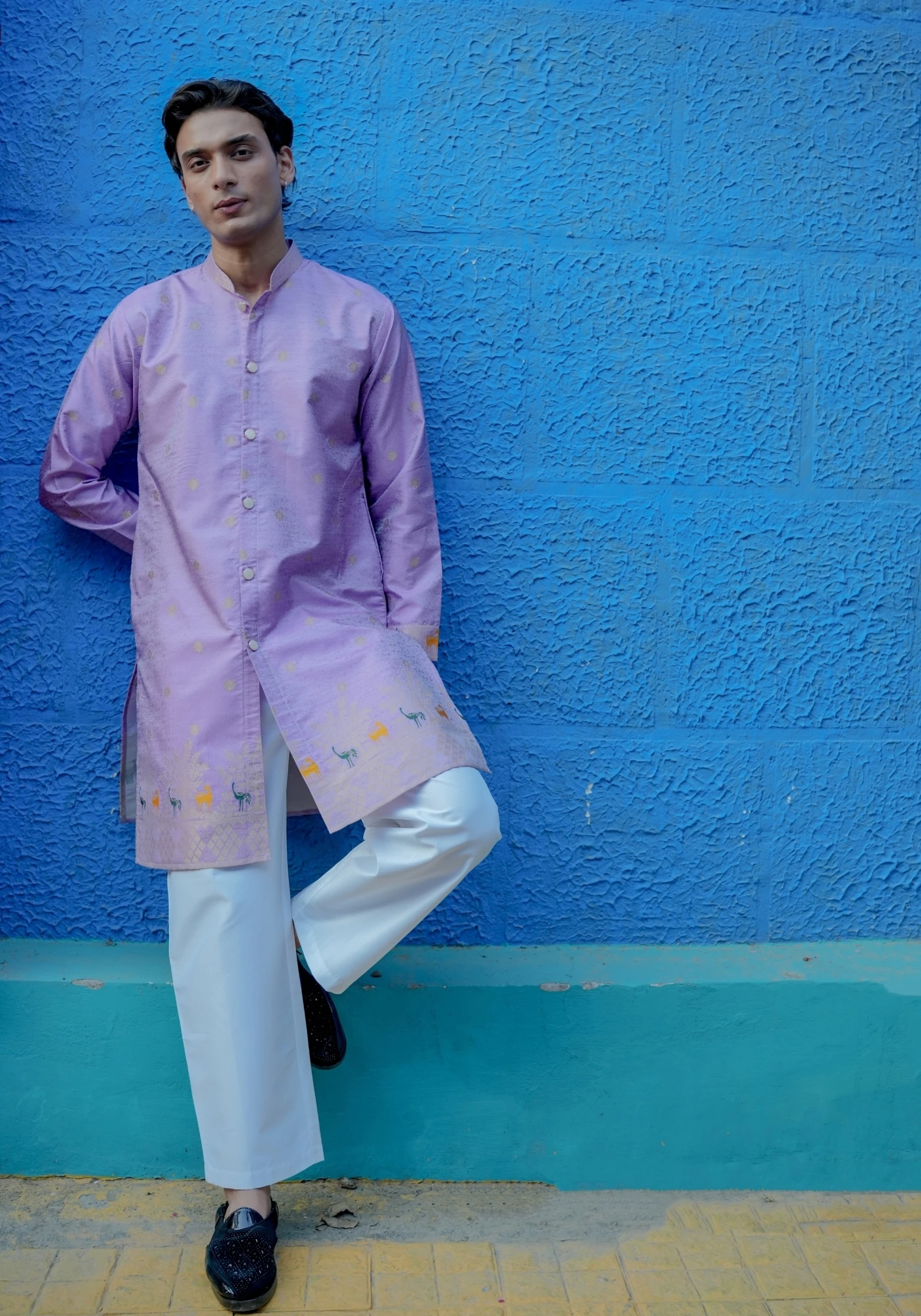 Lavender Bunaavat Pashu Baagh Jacquard Front Open Kurta - view 5