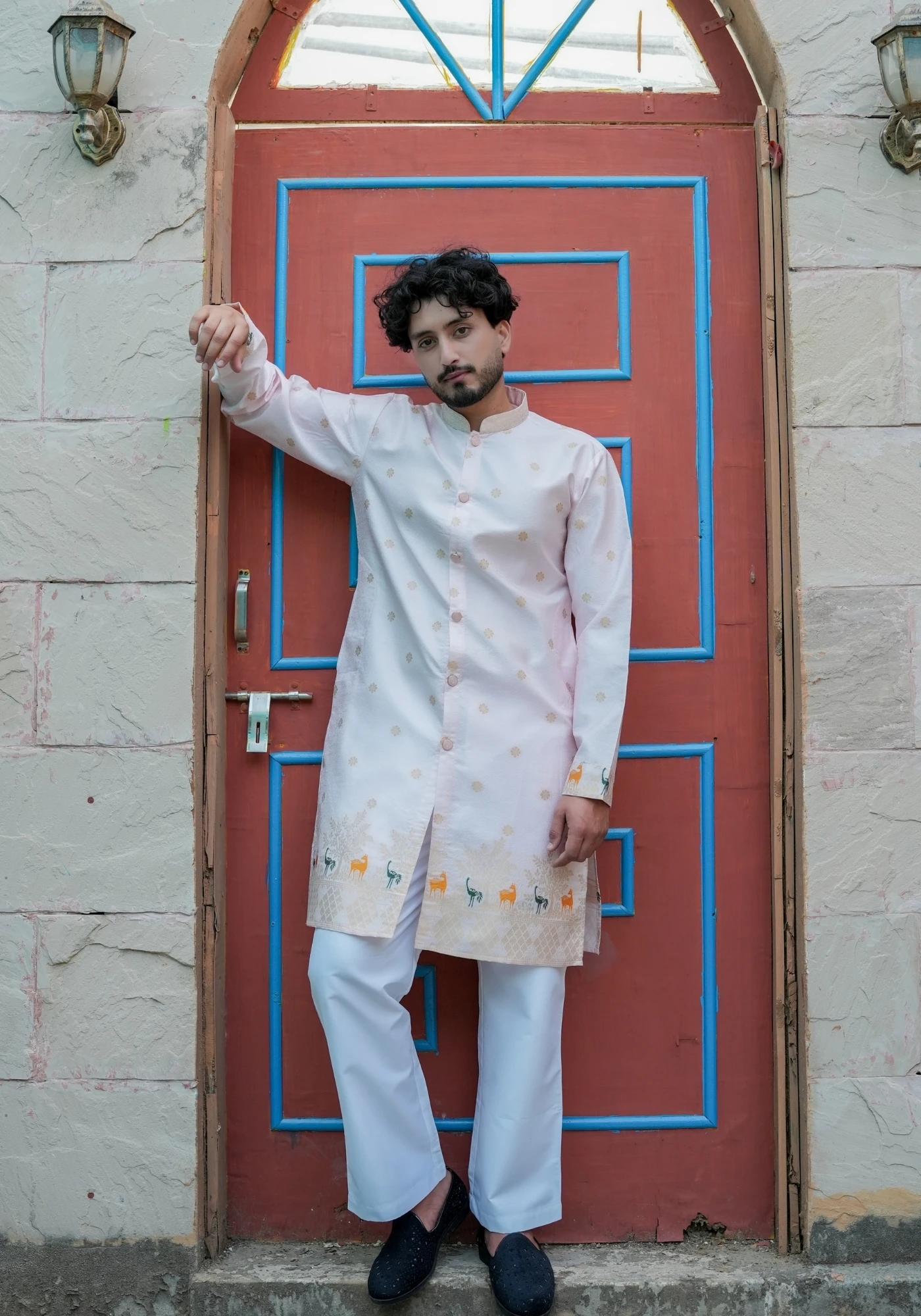 Pink Bunaavat Pashu Baagh Jacquard Front Open Kurta - view 5