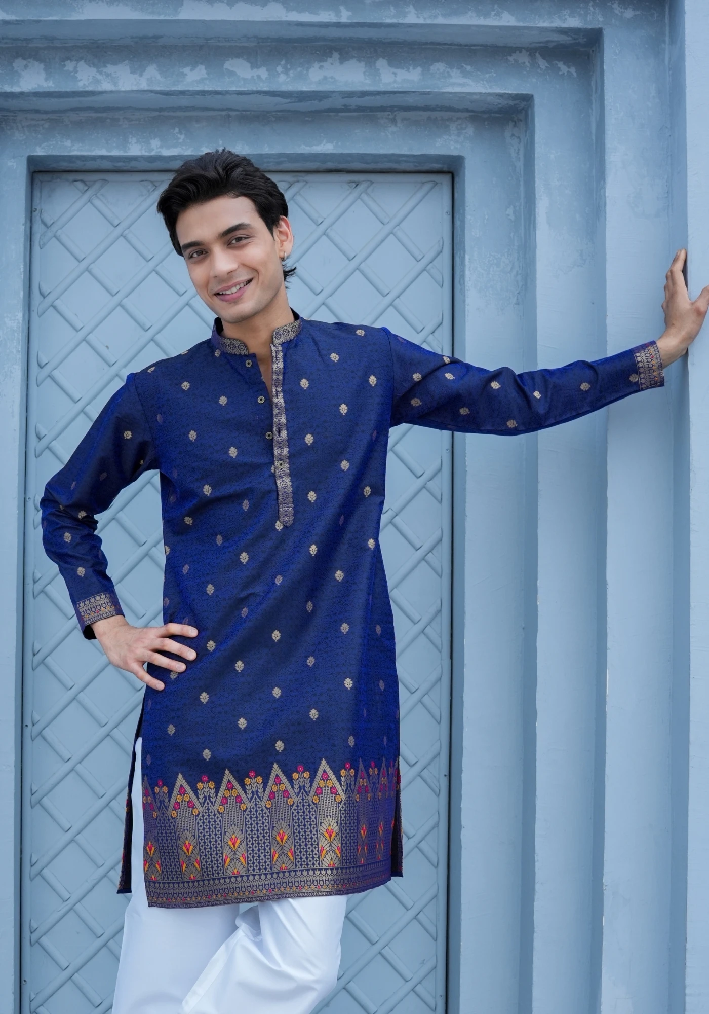 Royal Blue Gulnaar Shikhar Jacquard Kurta - view 1