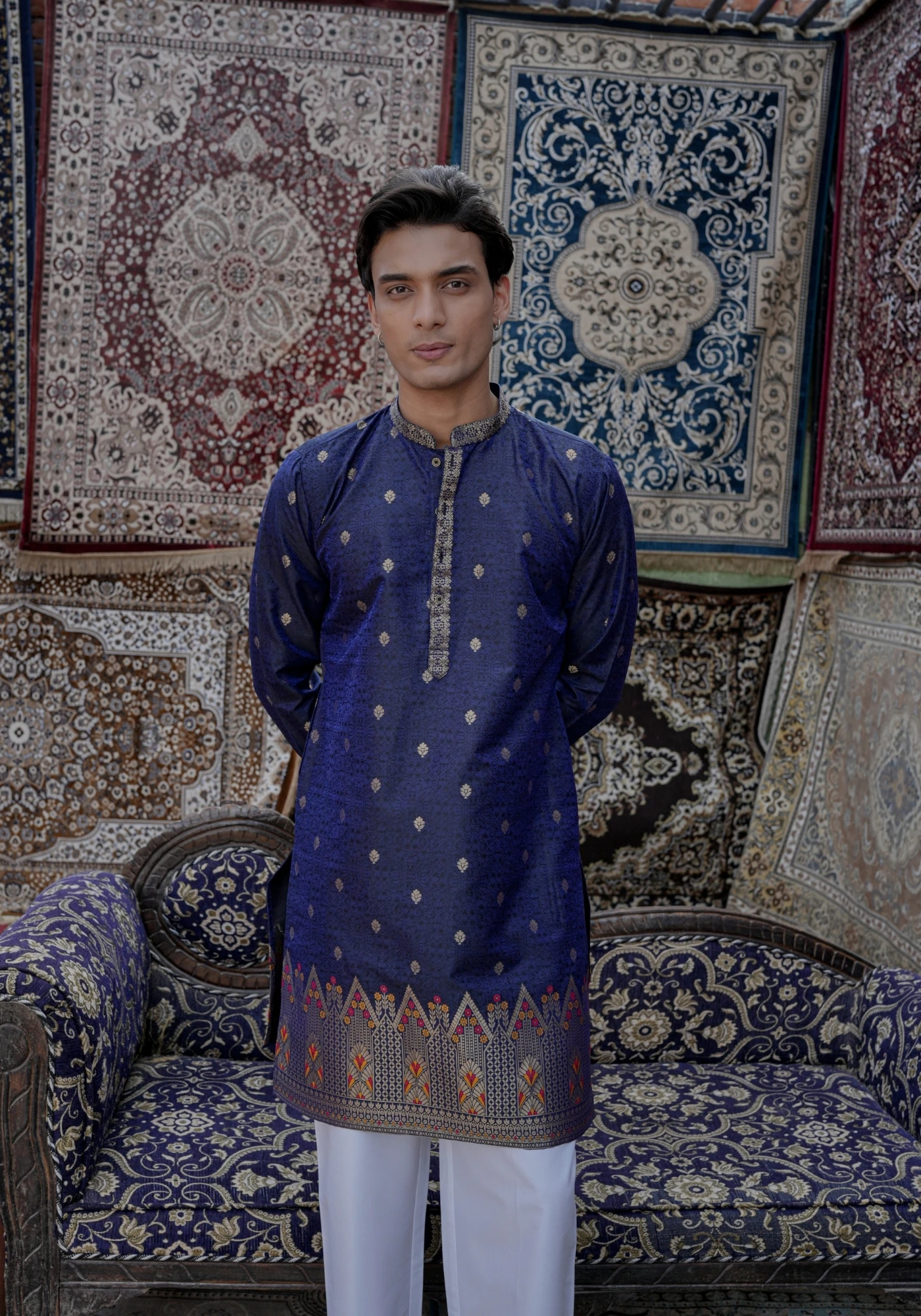Royal Blue Gulnaar Shikhar Jacquard Kurta - view 5