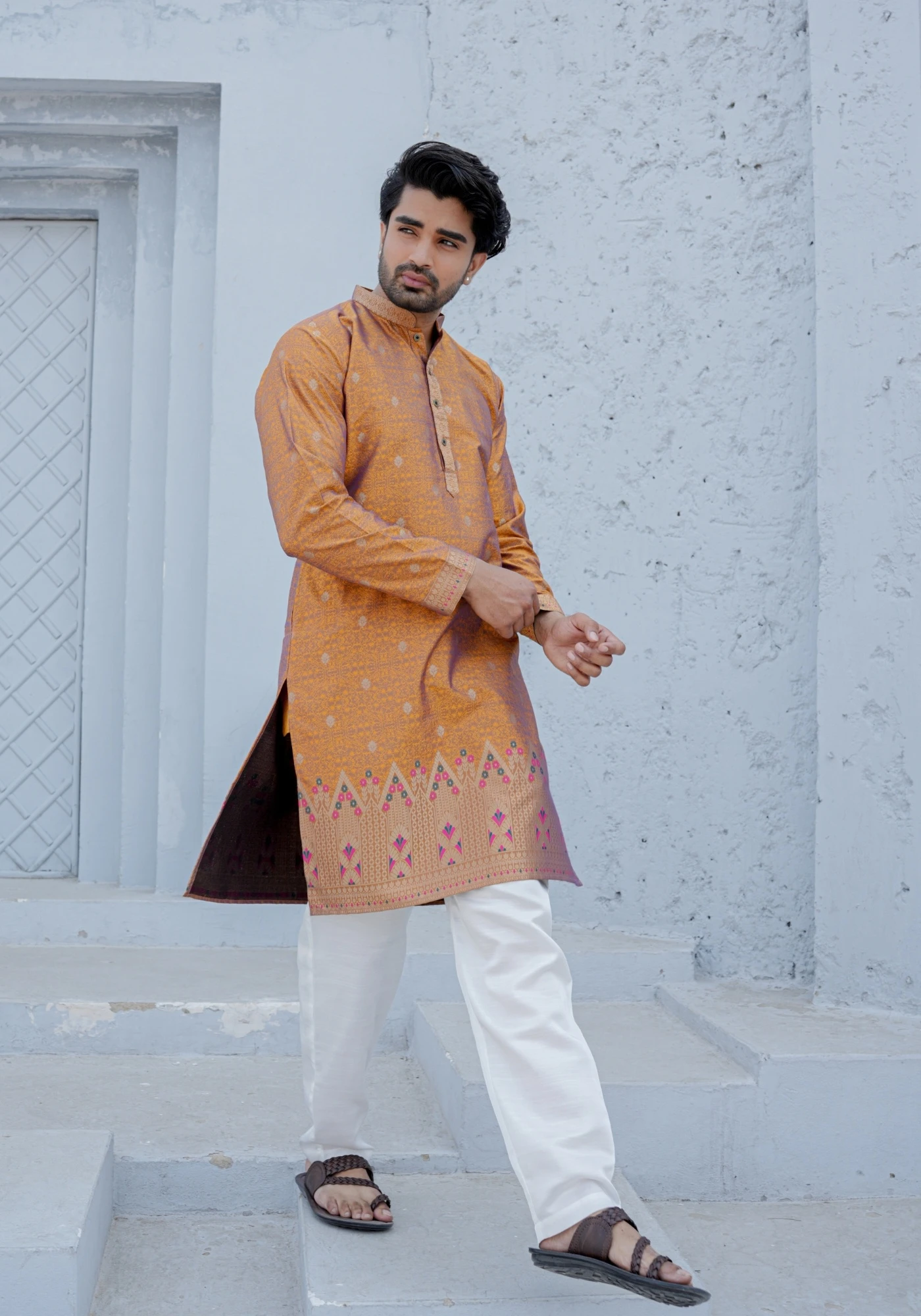 Honey Mustard Gulnaar Shikhar Jacquard Kurta - view 5