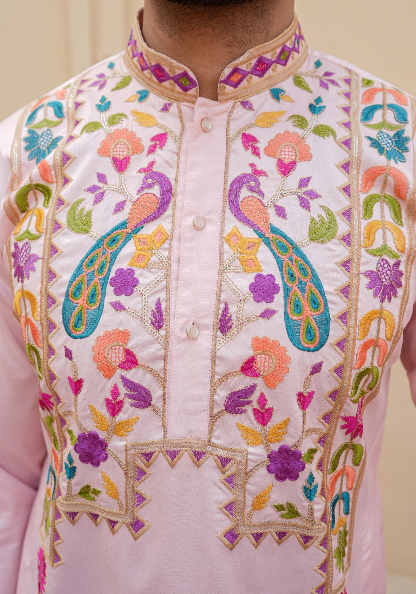 Peach Gulnaar Rangphool Embroidered Kurta - view 2