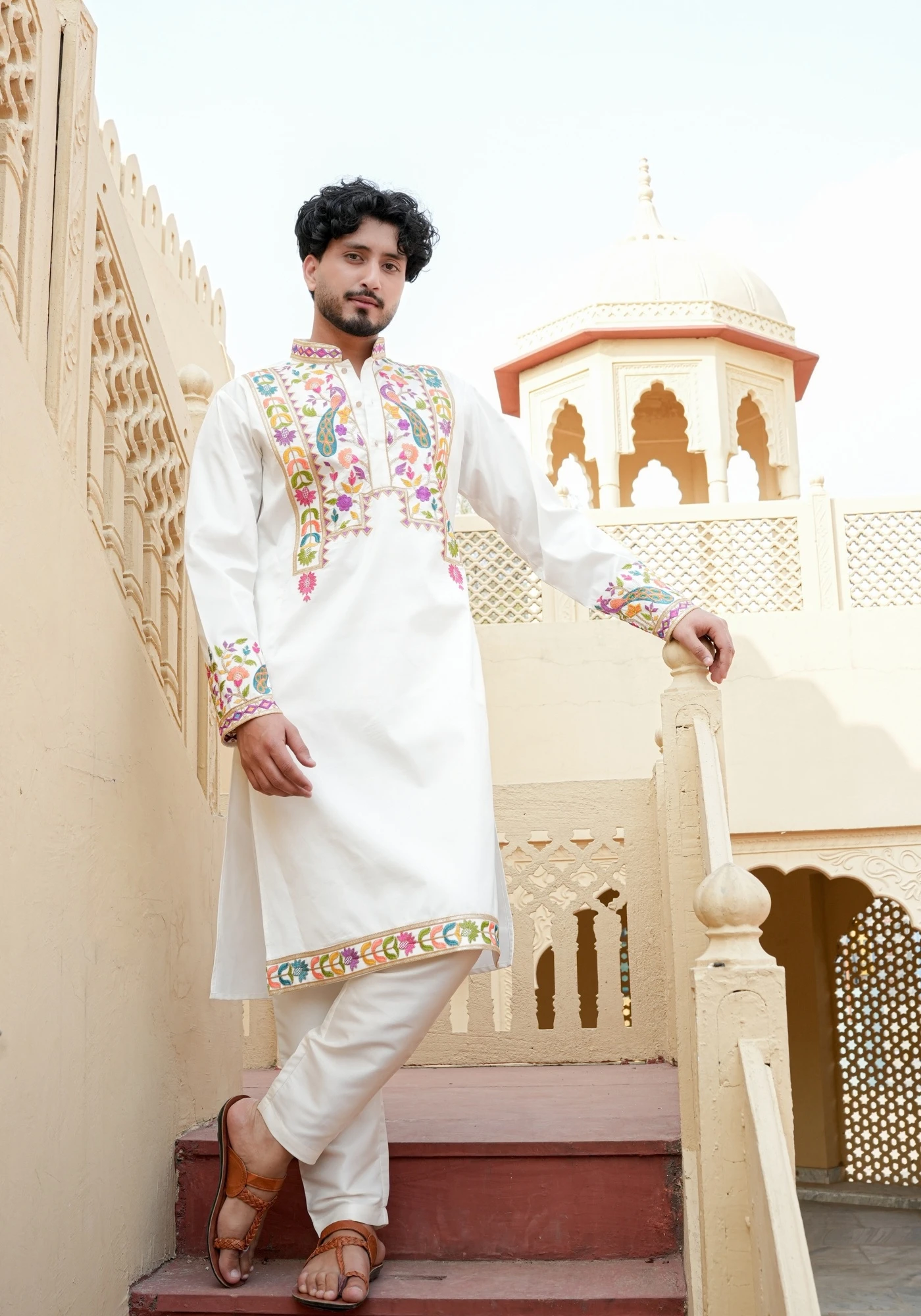 Off White Gulnaar Rangphool Embroidered Kurta - view 4