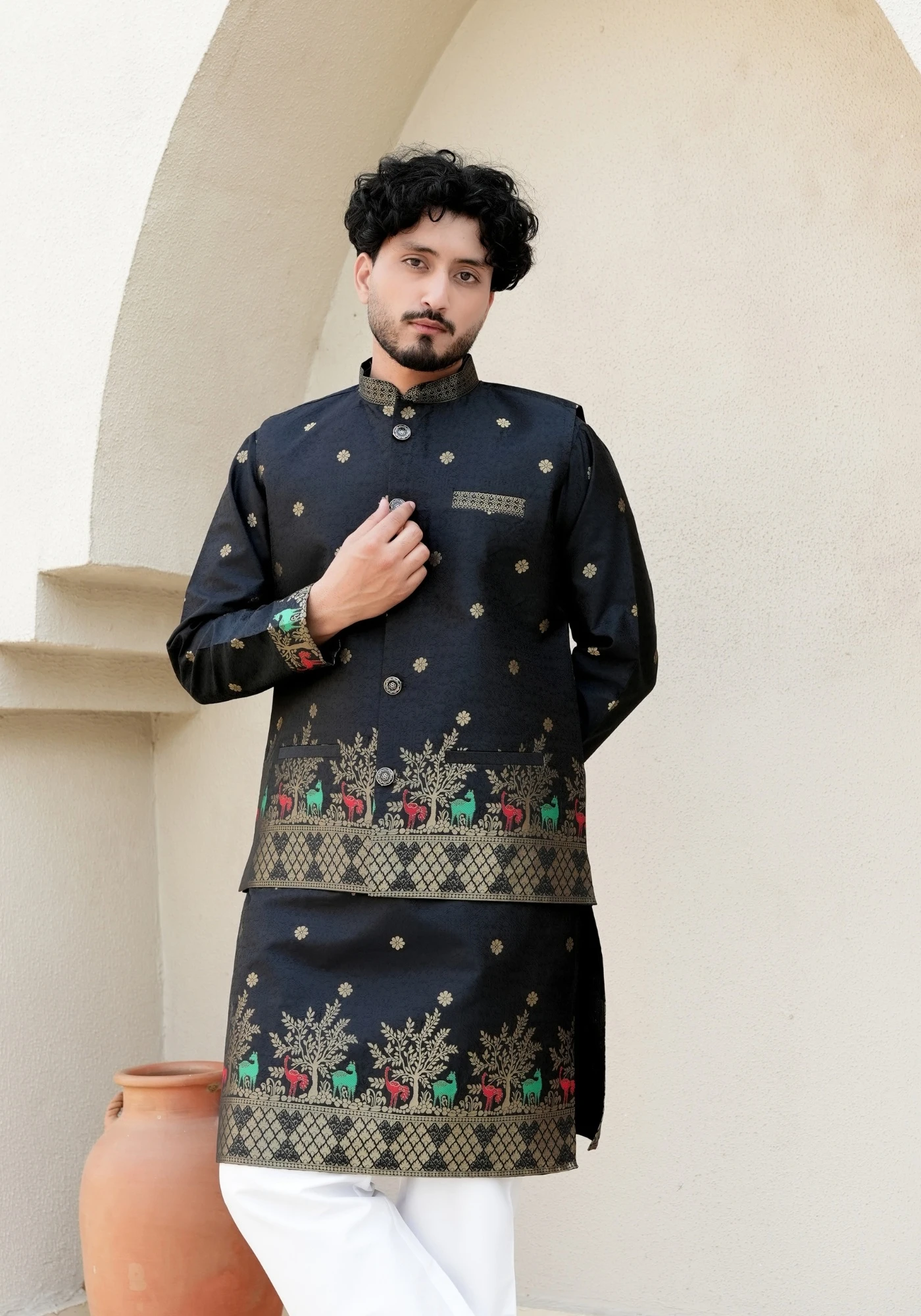 Jet Black Bunaavat Pashu Baagh Jacquard Koti Kurta Set - view 1