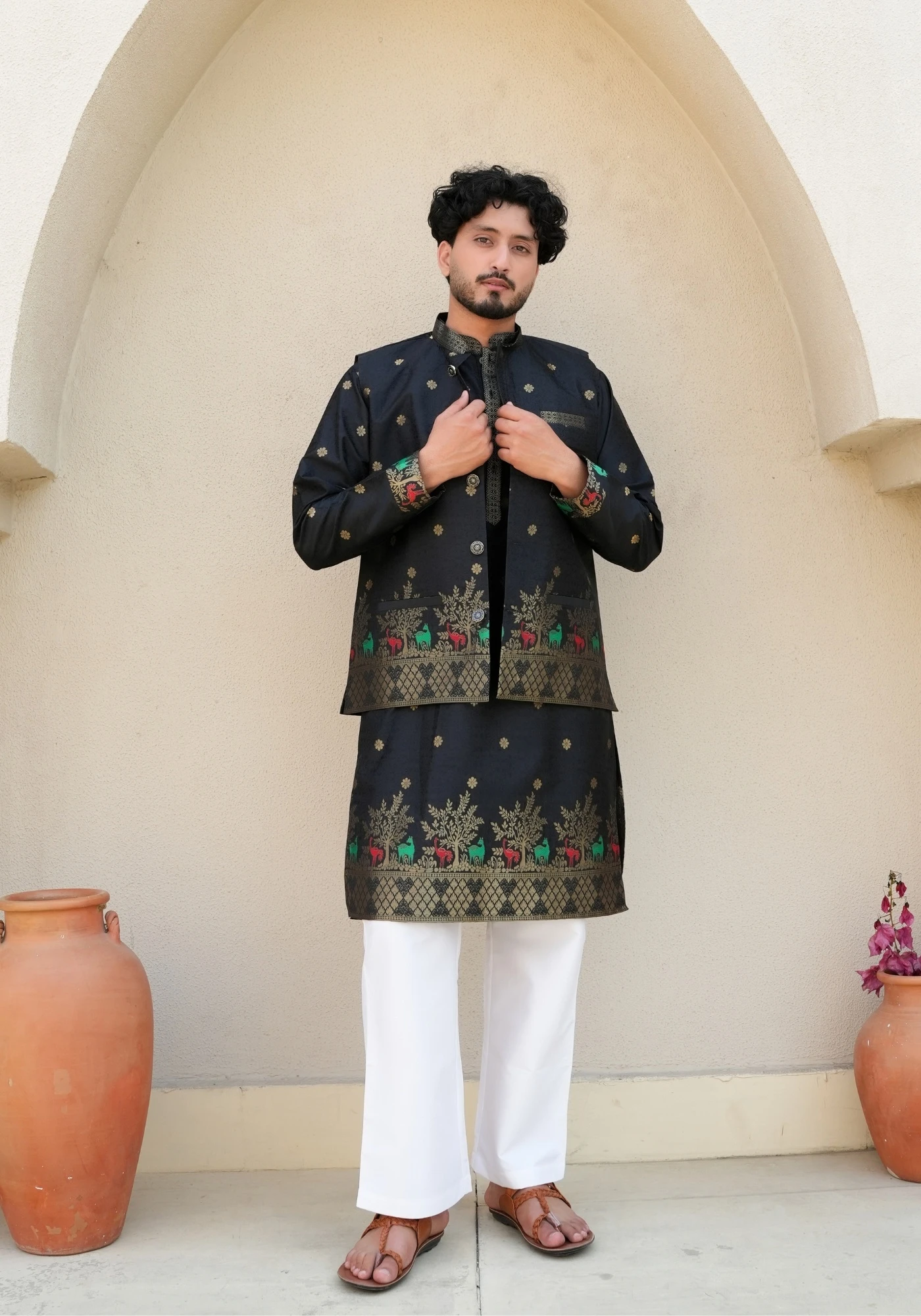 Jet Black Bunaavat Pashu Baagh Jacquard Koti Kurta Set - view 6