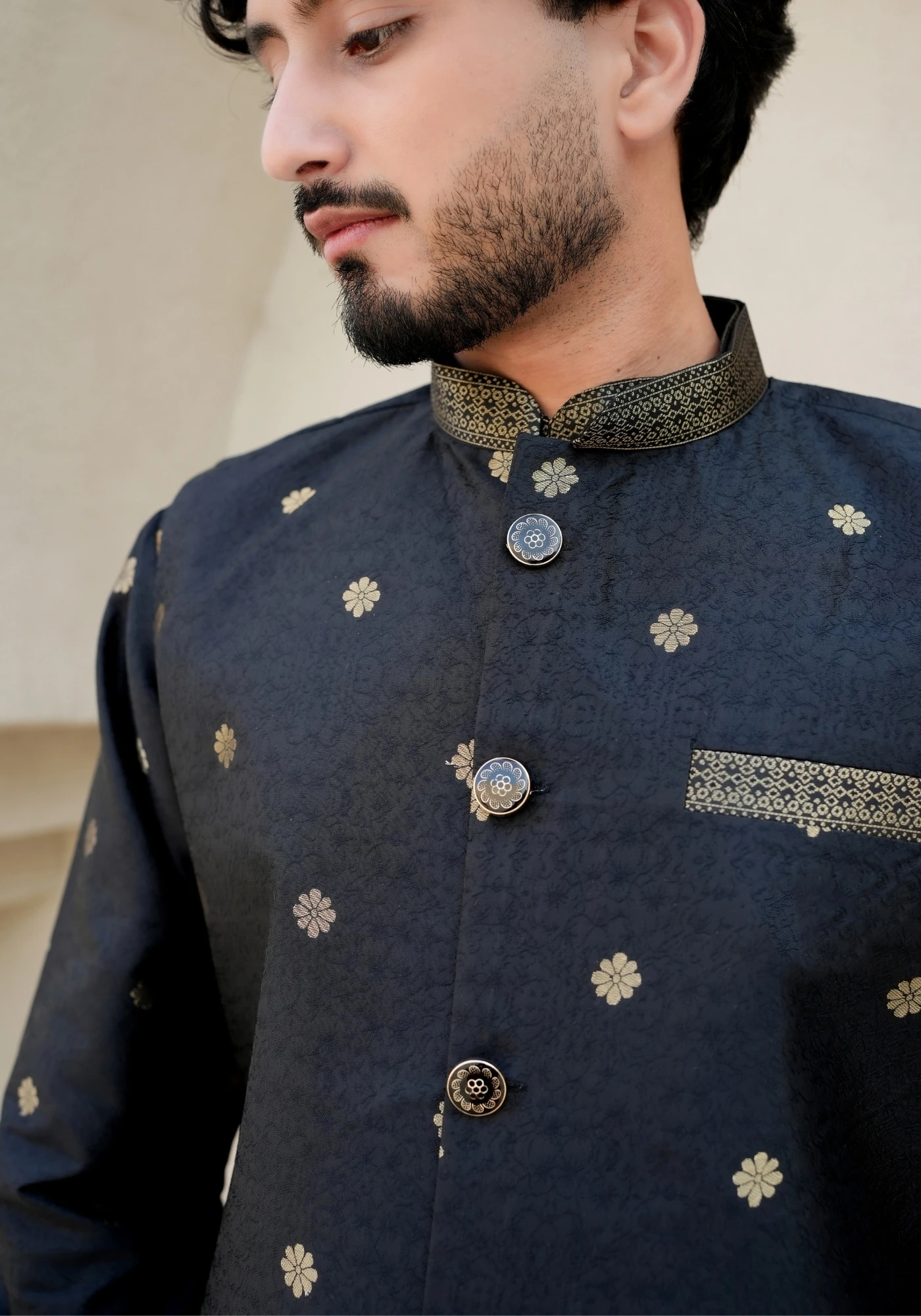 Jet Black Bunaavat Pashu Baagh Jacquard Koti Kurta Set - view 5