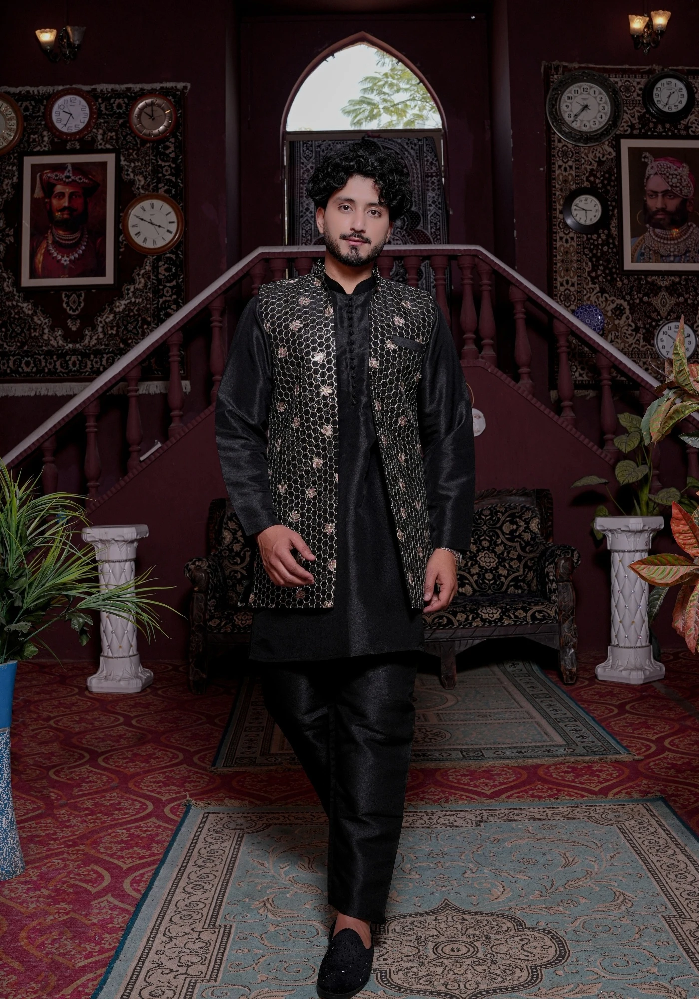 Black Riwaayat Vastra Silk Blend Long Koti with Kurta and Pant Set