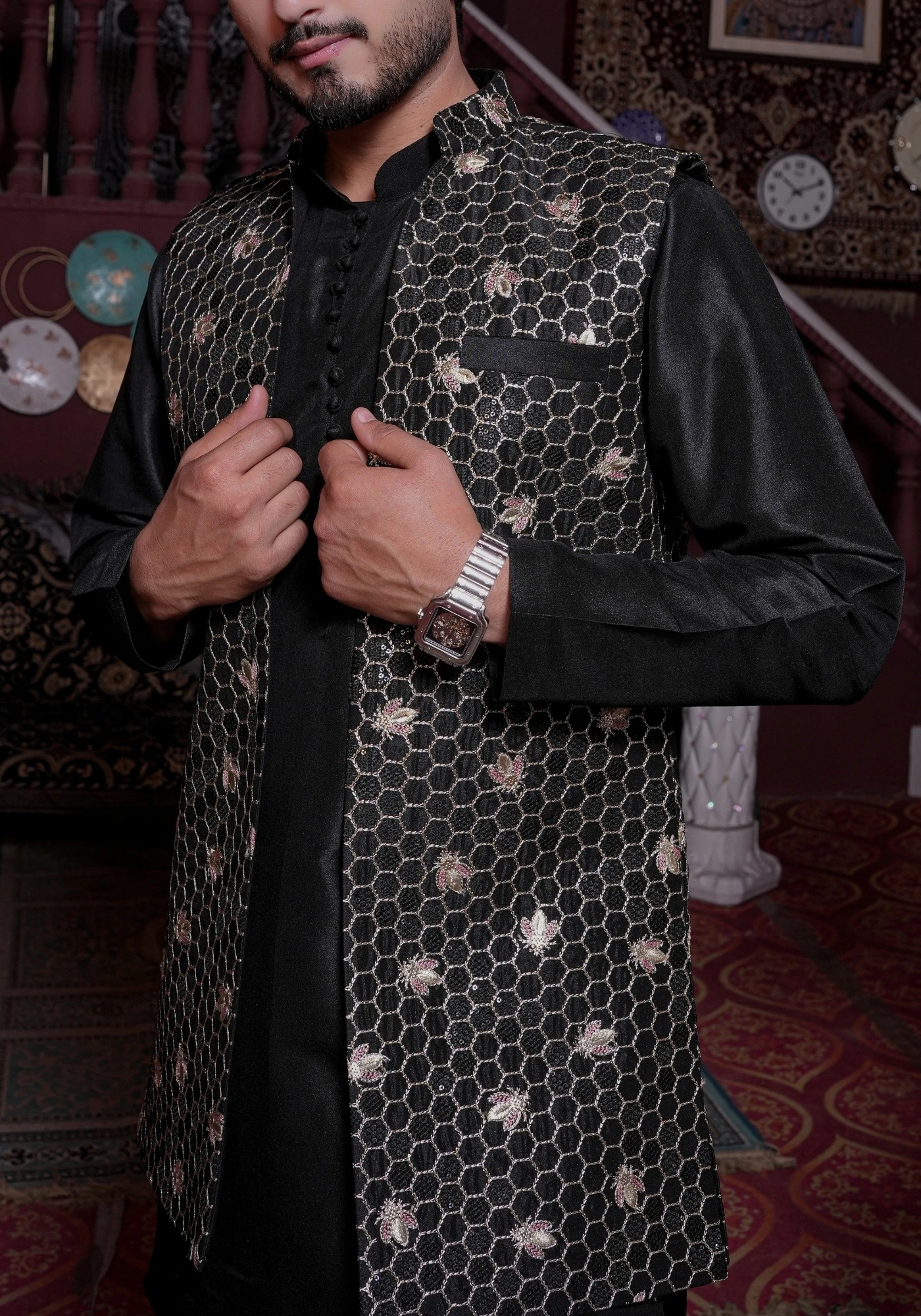 Black Riwaayat Vastra Silk Blend Long Koti with Kurta and Pant Set - view 2
