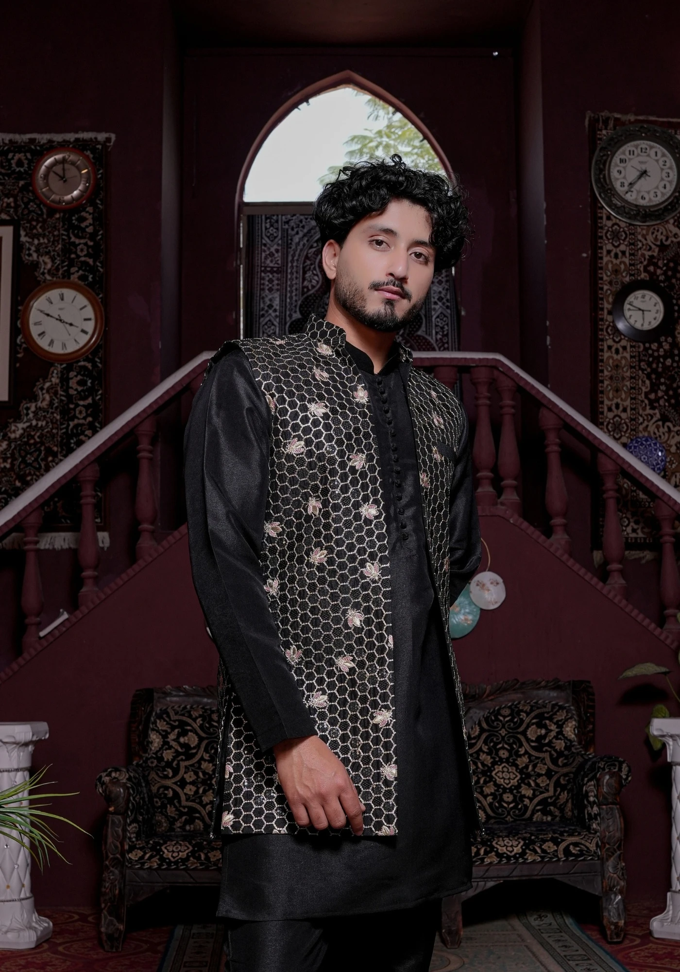 Black Riwaayat Vastra Silk Blend Long Koti with Kurta and Pant Set - view 4