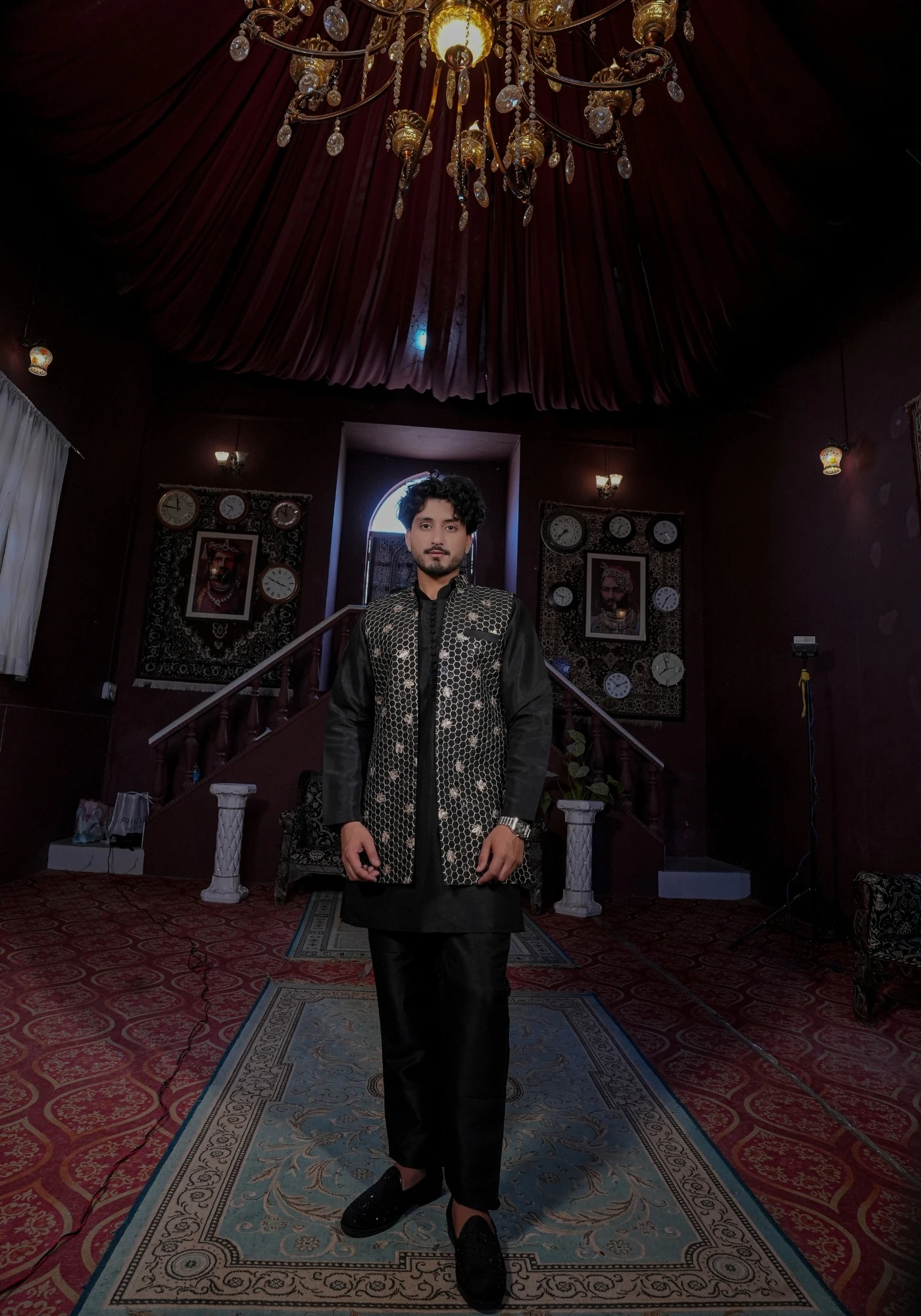 Black Riwaayat Vastra Silk Blend Long Koti with Kurta and Pant Set - view 6