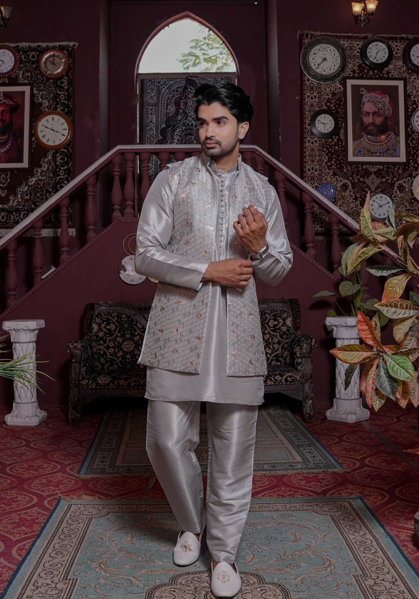 Grey Riwaayat Vastra Silk Blend Long Koti with Kurta and Pant Set
