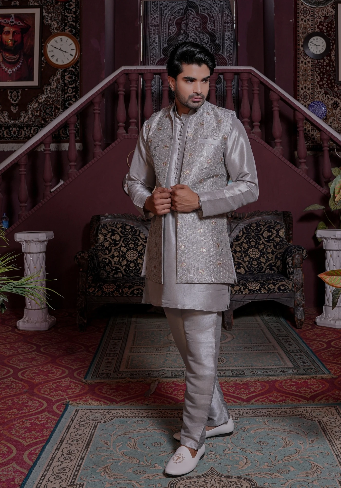 Grey Riwaayat Vastra Silk Blend Long Koti with Kurta and Pant Set - view 4