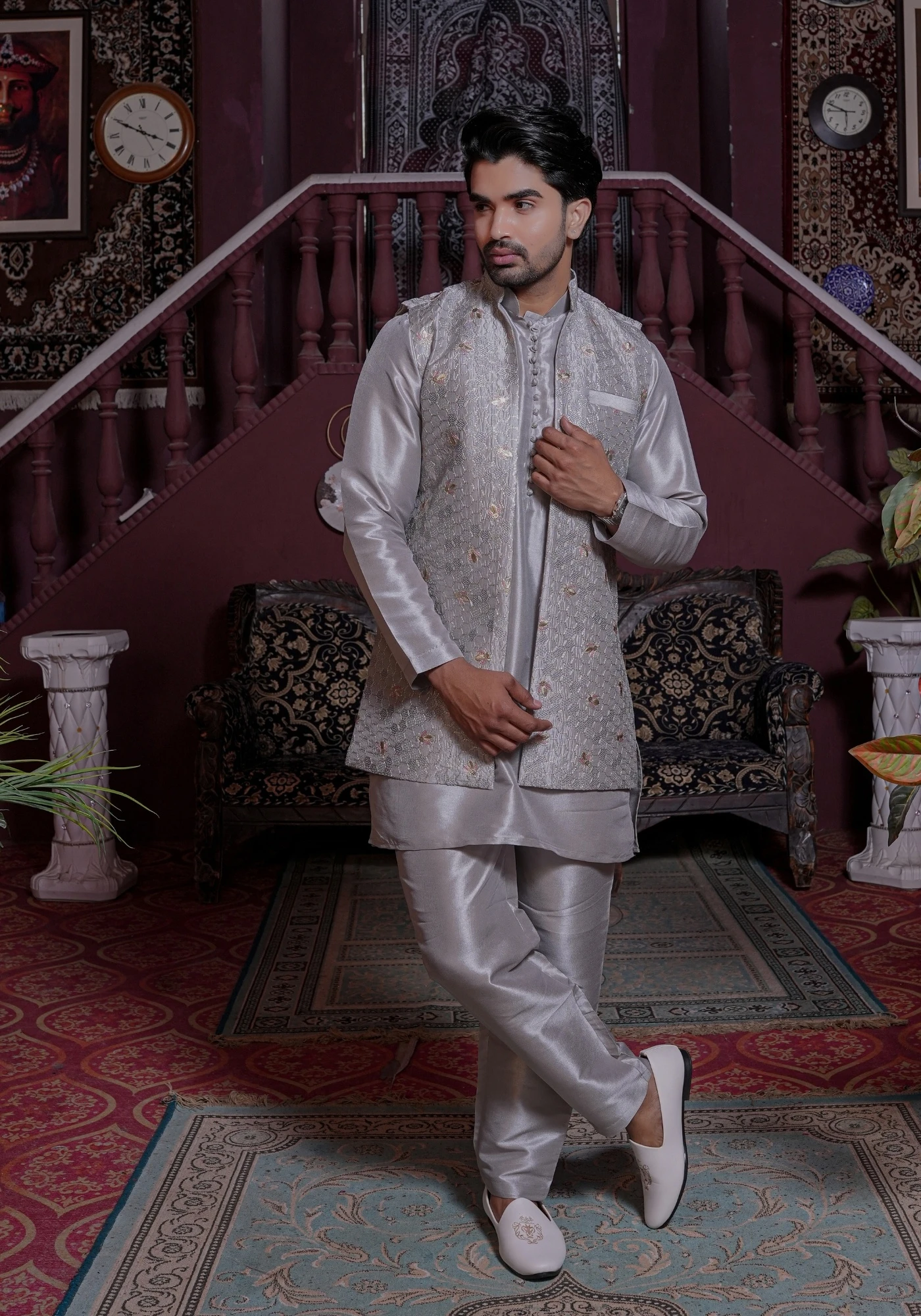 Grey Riwaayat Vastra Silk Blend Long Koti with Kurta and Pant Set - view 5