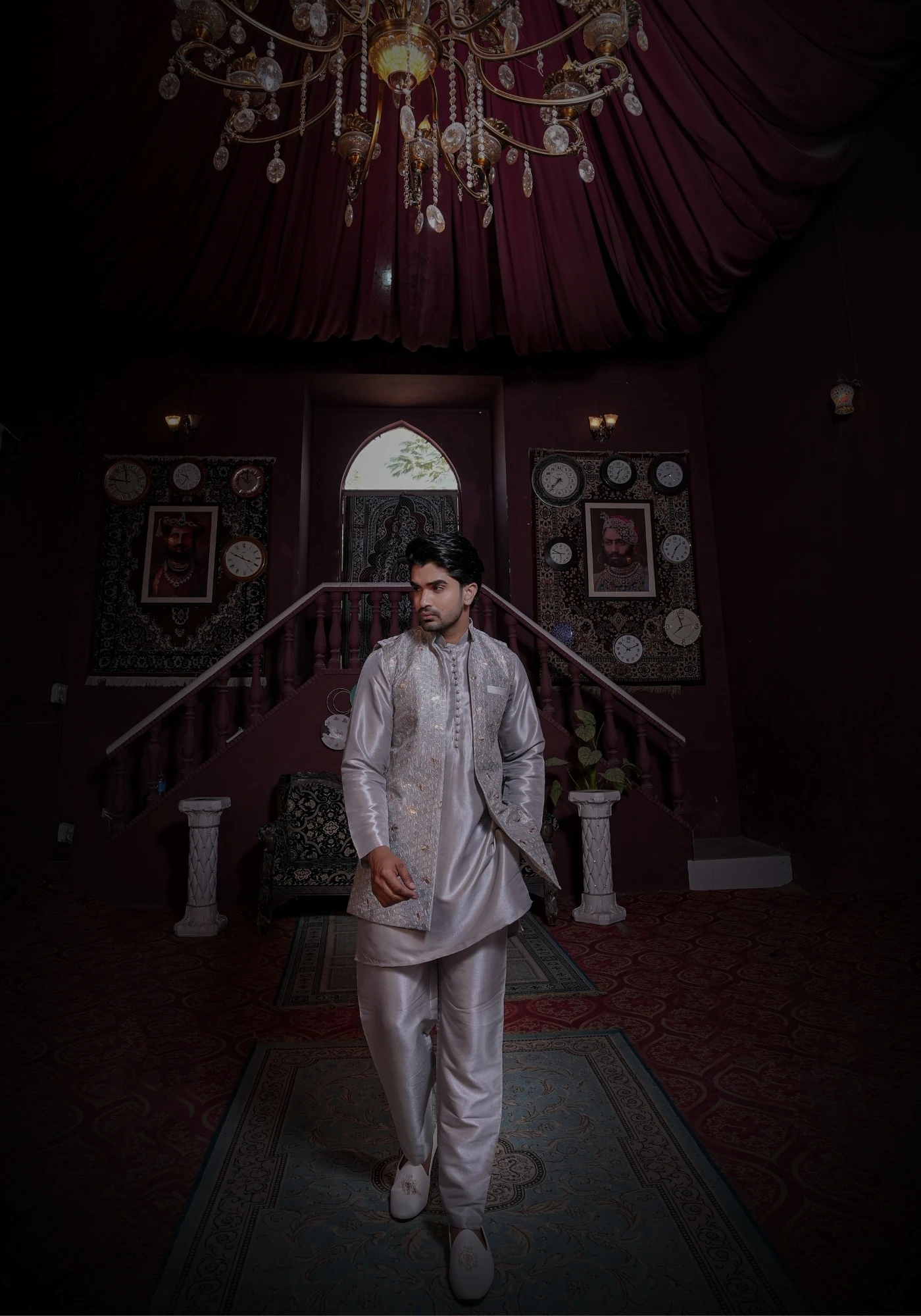 Grey Riwaayat Vastra Silk Blend Long Koti with Kurta and Pant Set - view 6