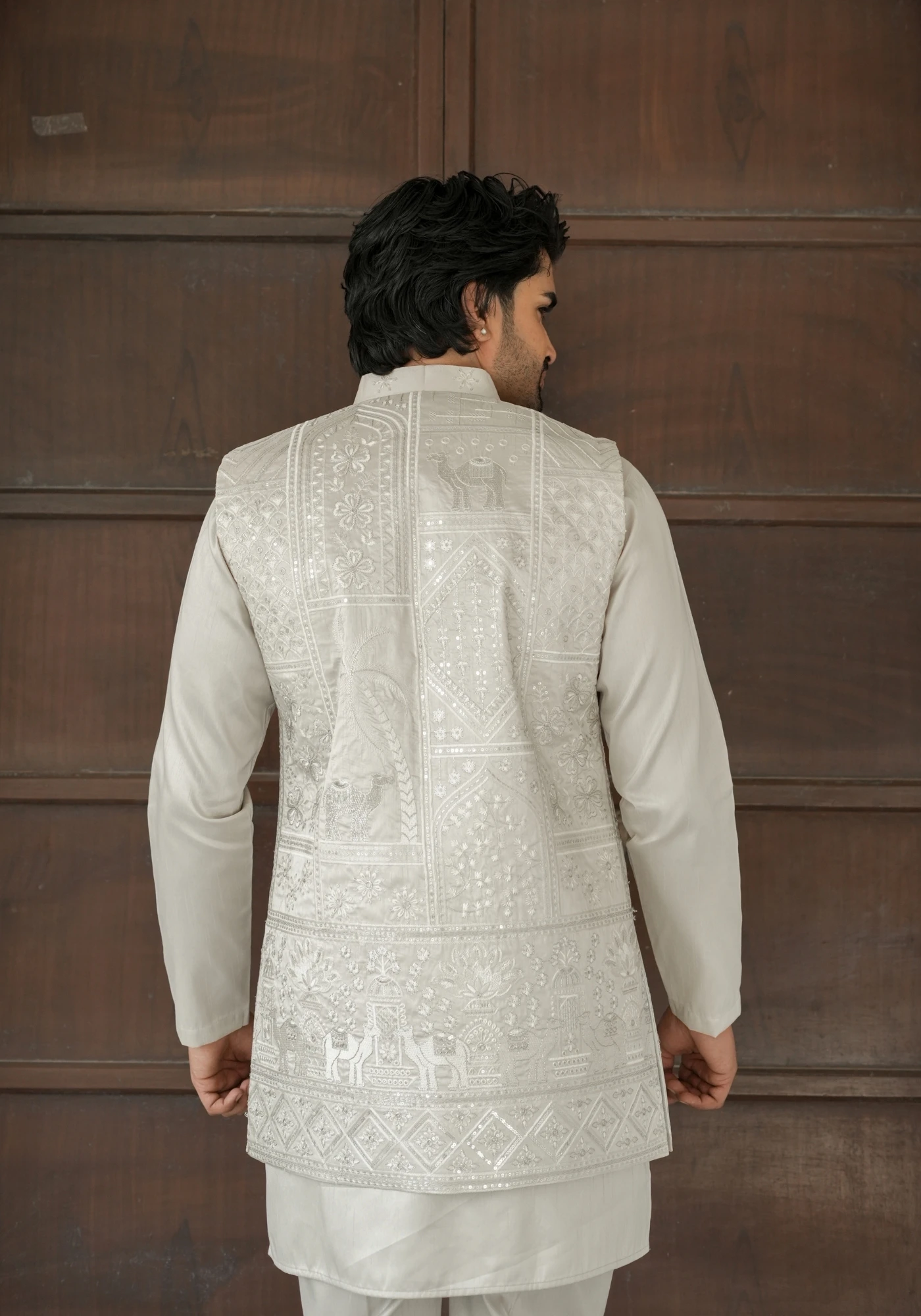 Beige Riwaayat Vastra Embroidered Long Koti with Kurta and Pant Set - view 3