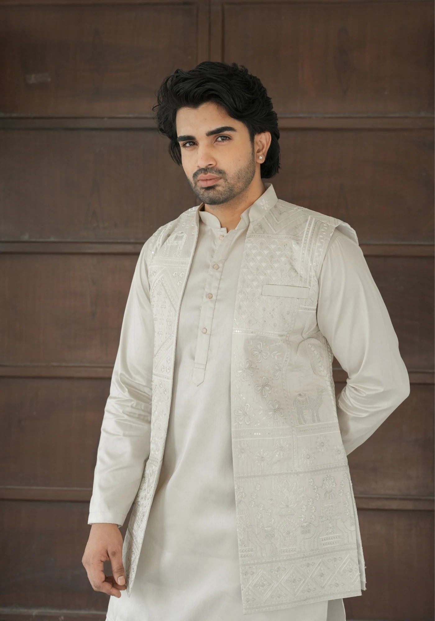Beige Riwaayat Vastra Embroidered Long Koti with Kurta and Pant Set - view 4