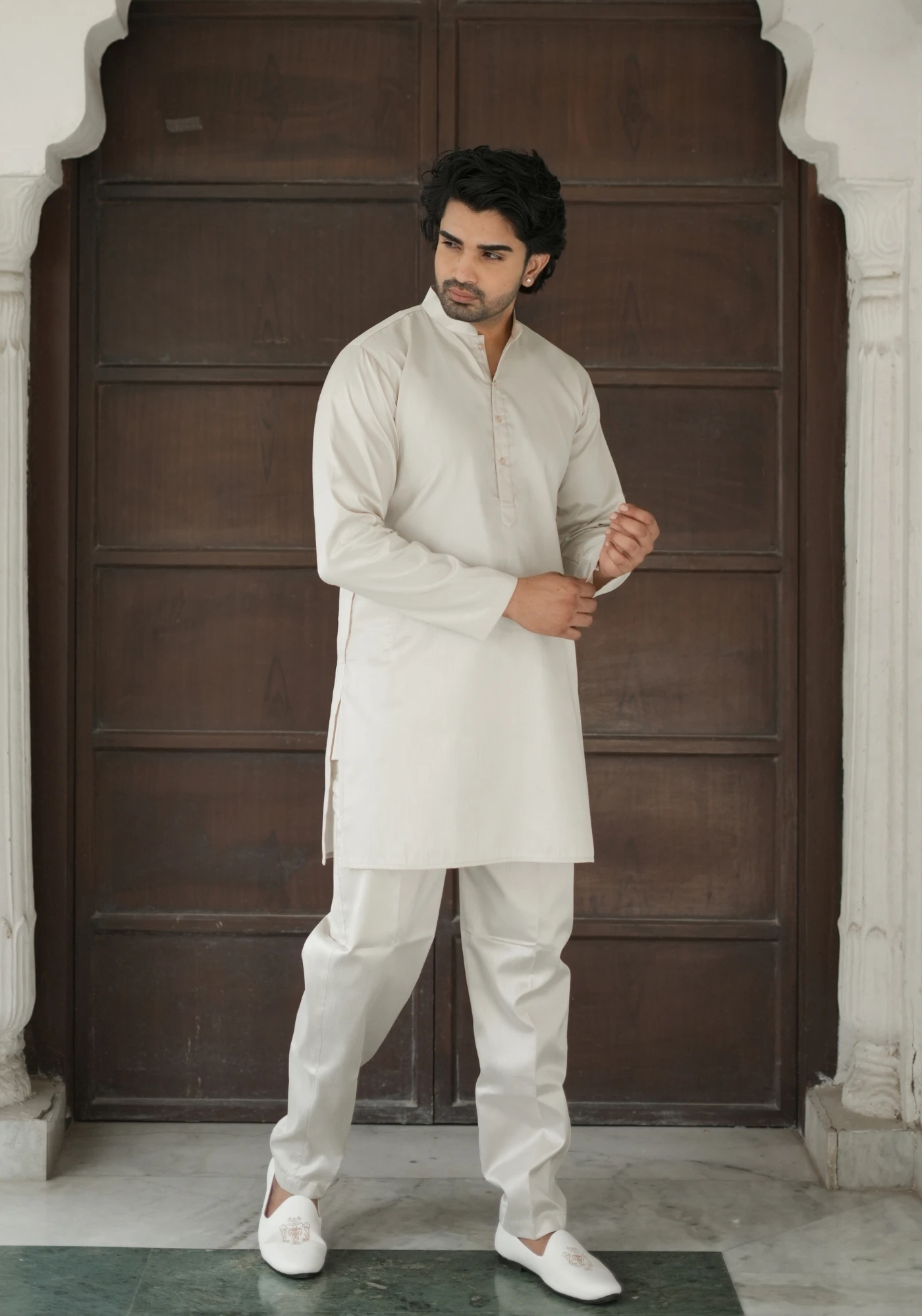 Beige Riwaayat Vastra Embroidered Long Koti with Kurta and Pant Set - view 6