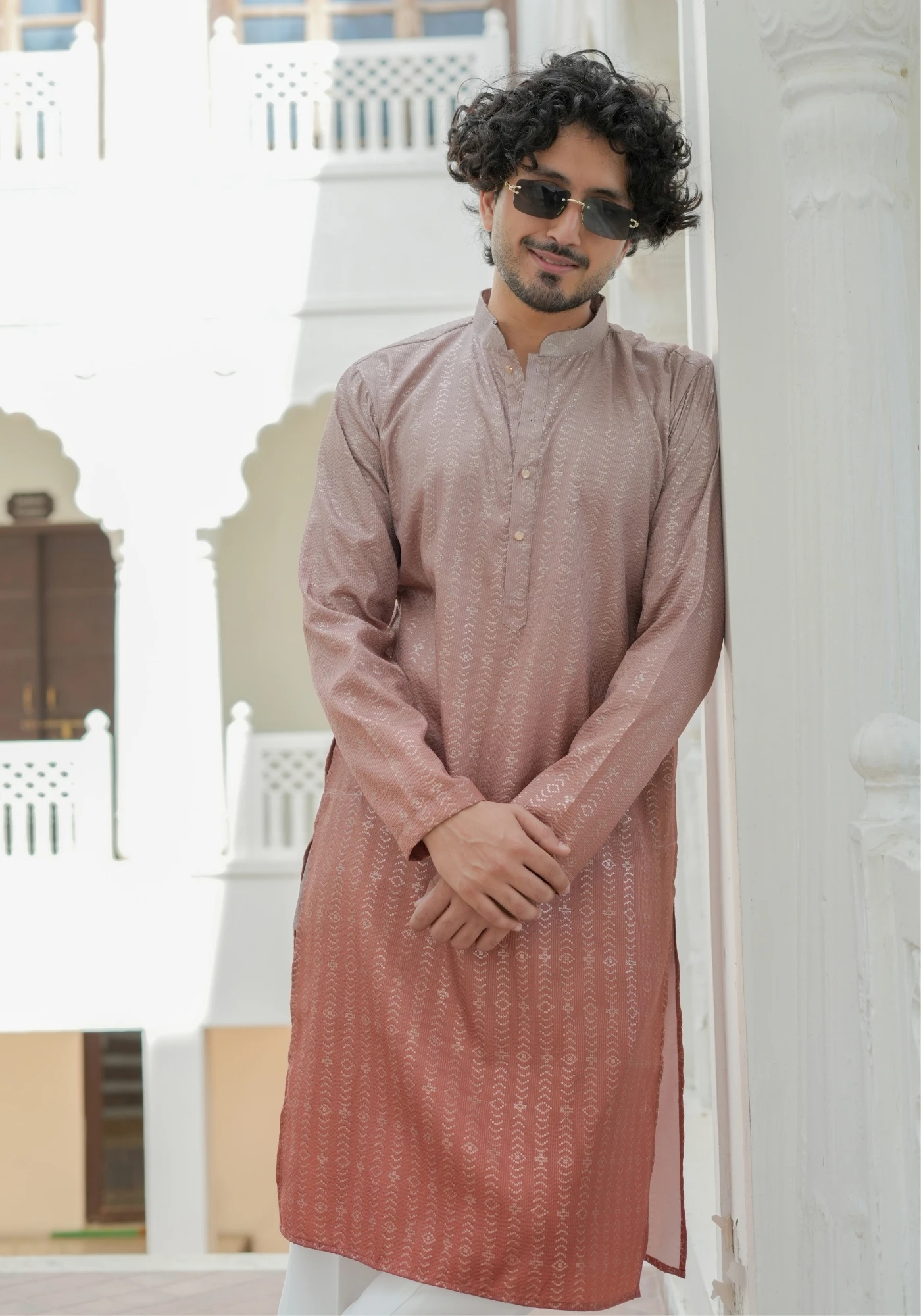 Dusty Rust Nazakat Tarangrekha Self Woven Ombre Kurta - view 4