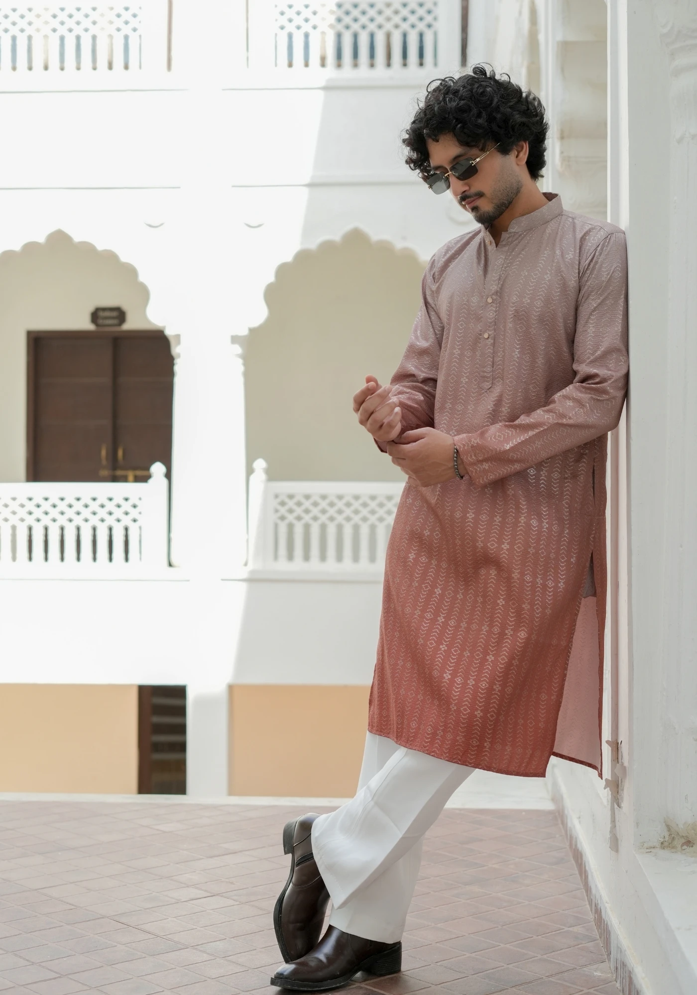 Dusty Rust Nazakat Tarangrekha Self Woven Ombre Kurta - view 5
