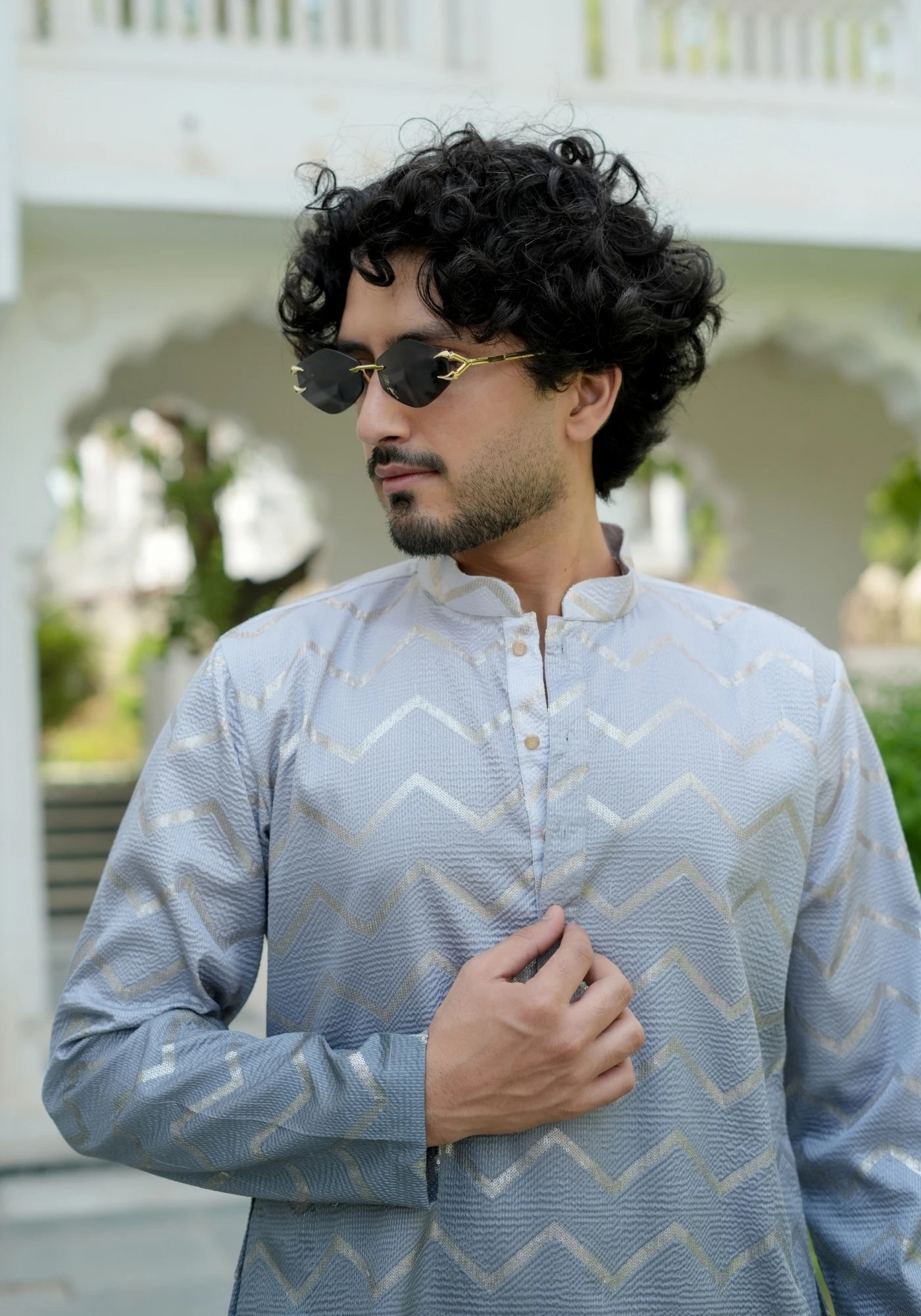 Ash Grey Nazakat Tarangrekha Self Woven Ombre Kurta - view 6
