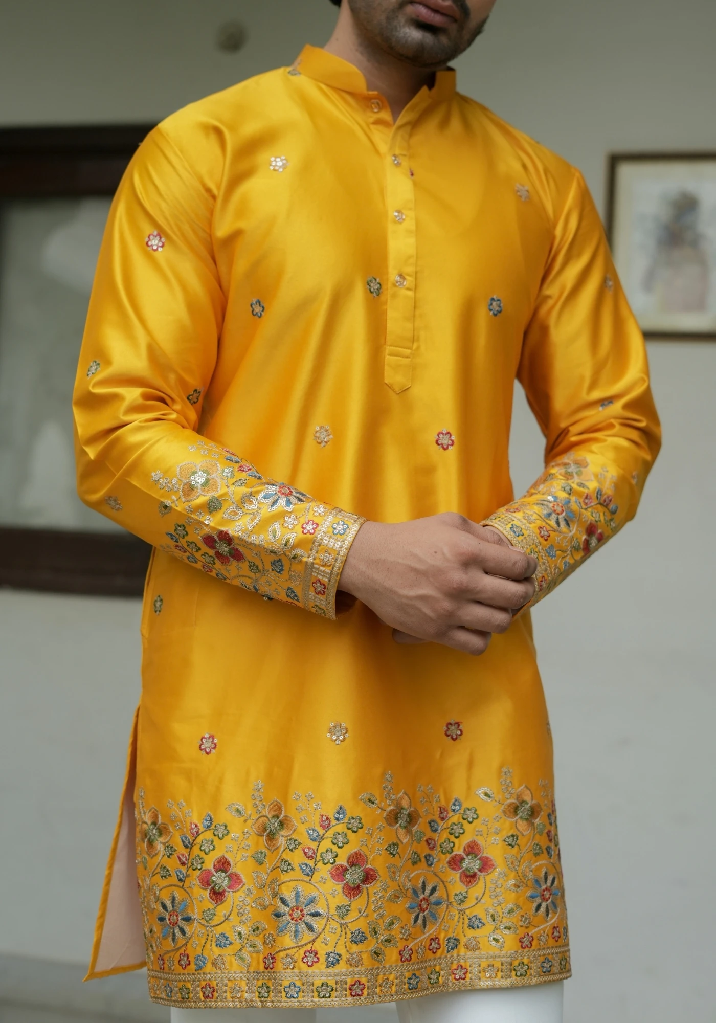 Mustard Yellow Noorjaal Gulrang Embroidered Kurta - view 2