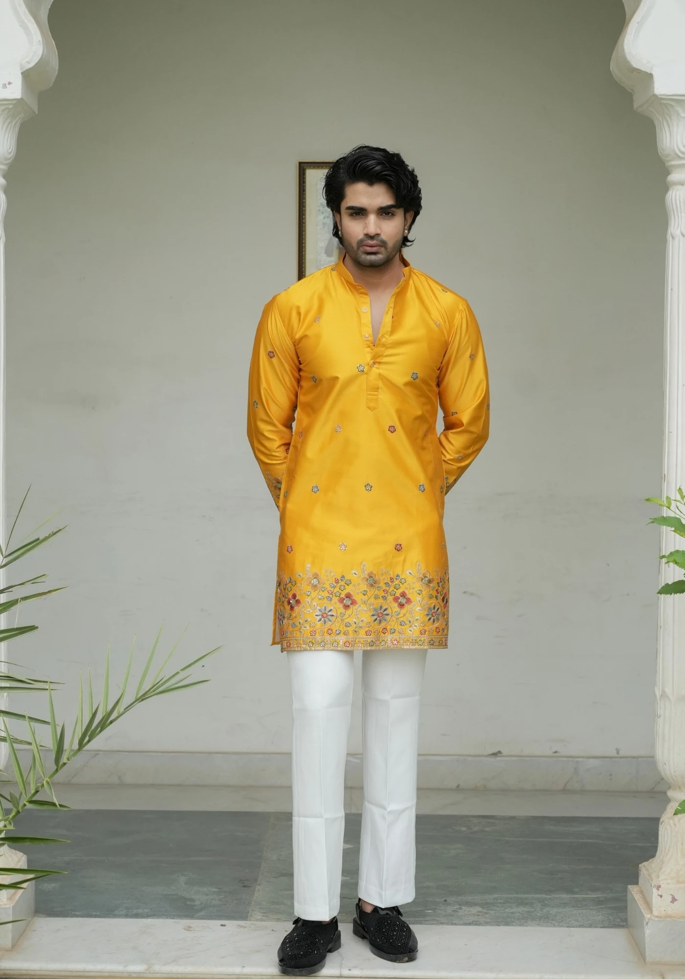 Mustard Yellow Noorjaal Gulrang Embroidered Kurta - view 4