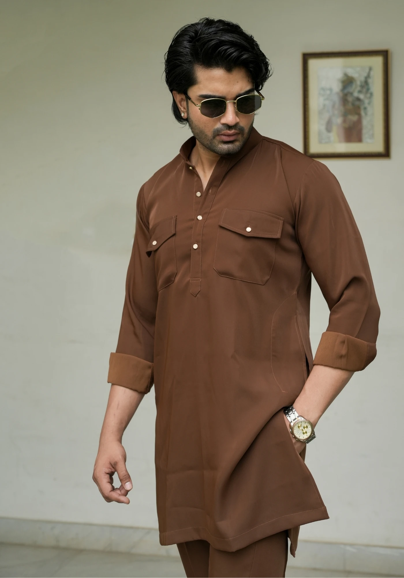 Walnut Brown Riwaayat Shastra Pathani Kurta Pant Set - view 2