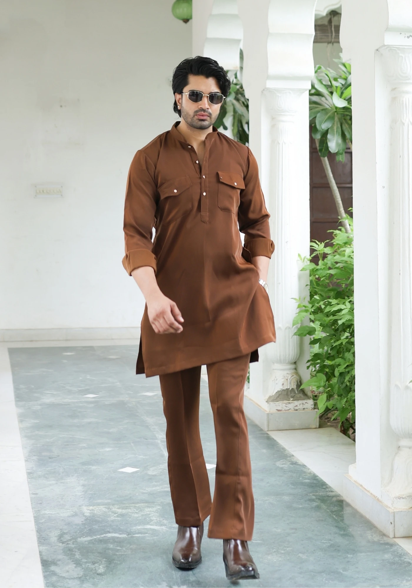Walnut Brown Riwaayat Shastra Pathani Kurta Pant Set - view 1