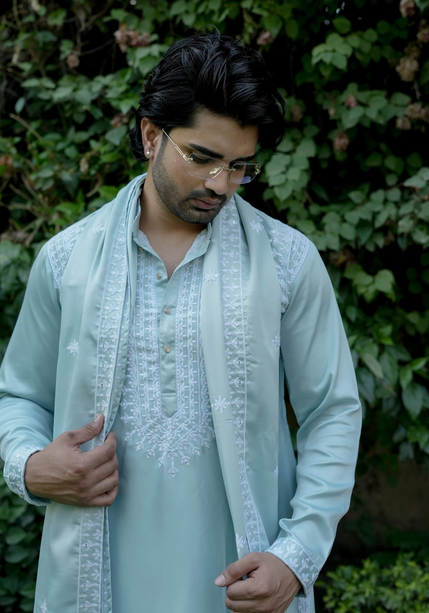 Ice Mint Noorjaal Rekha Embroidered Kurta Dupatta Set - view 2