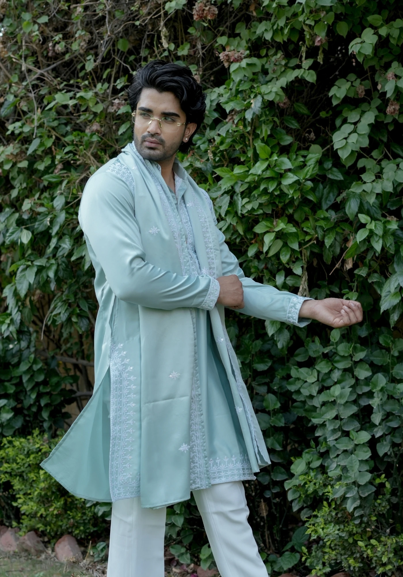 Ice Mint Noorjaal Rekha Embroidered Kurta Dupatta Set - view 4